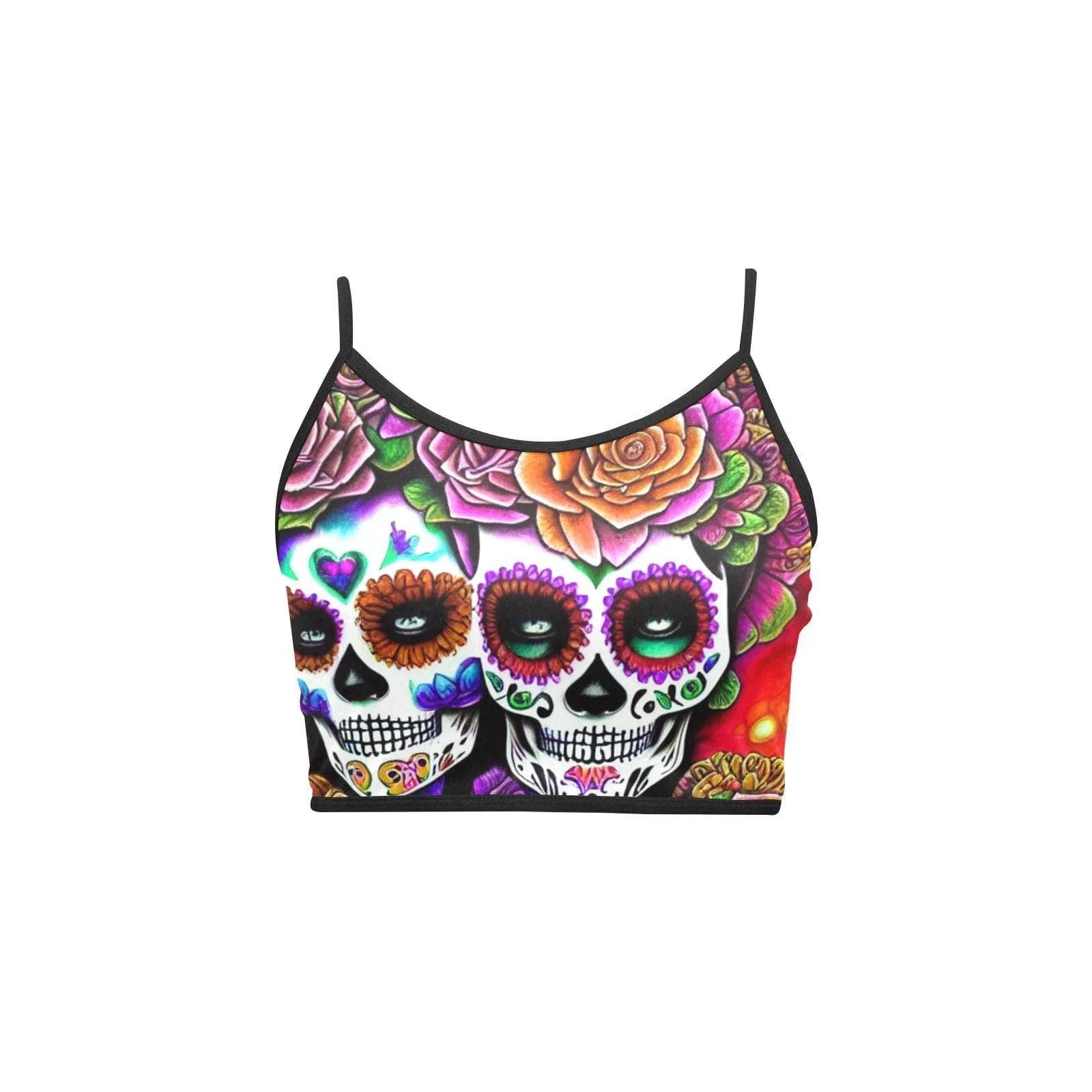 Sugar Skulls Couple Floral Women's Spaghetti Strap Crop Tank Top
