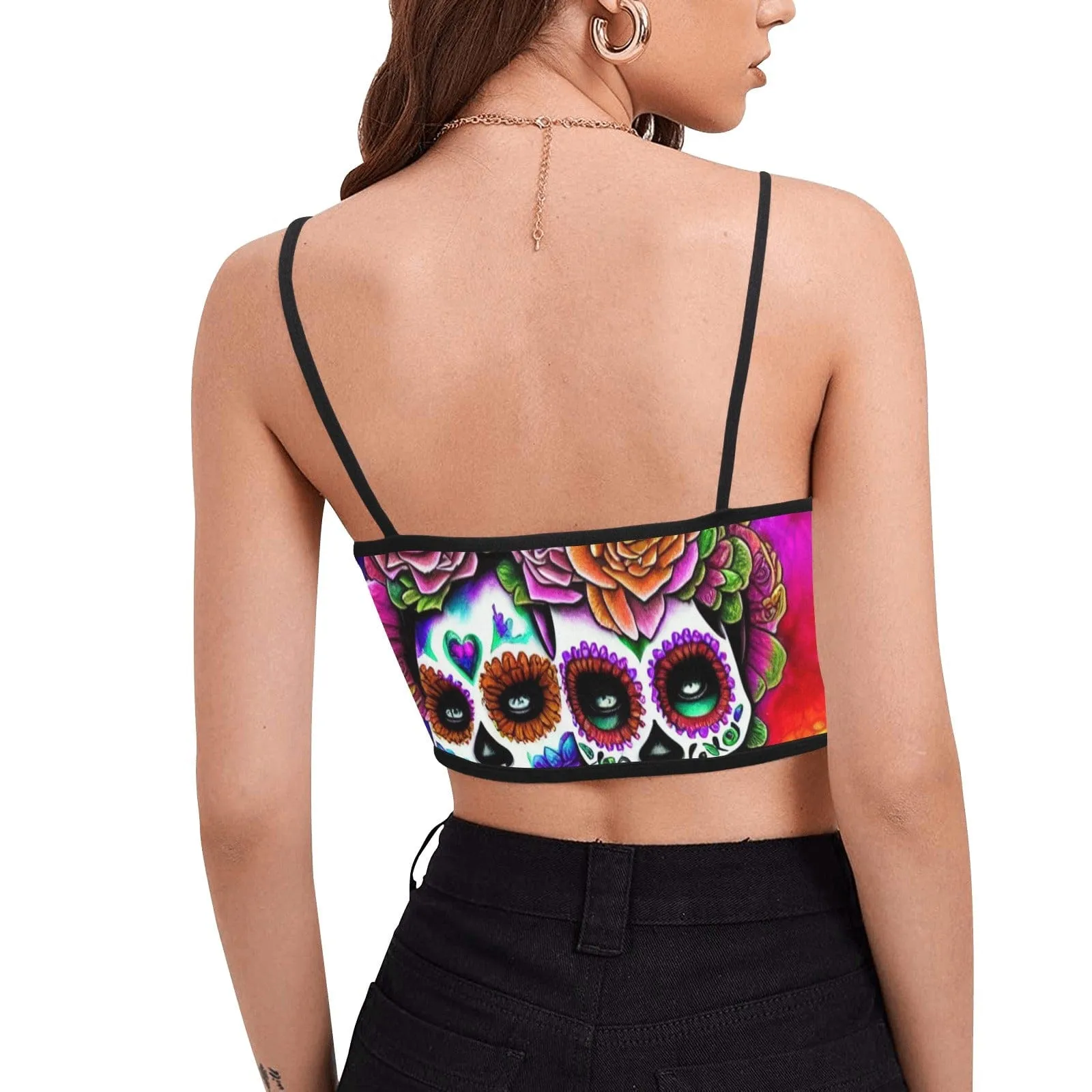 Sugar Skulls Couple Floral Women's Spaghetti Strap Crop Tank Top