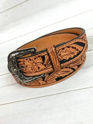 Tan and Black Leather Floral Tooled Western Belt