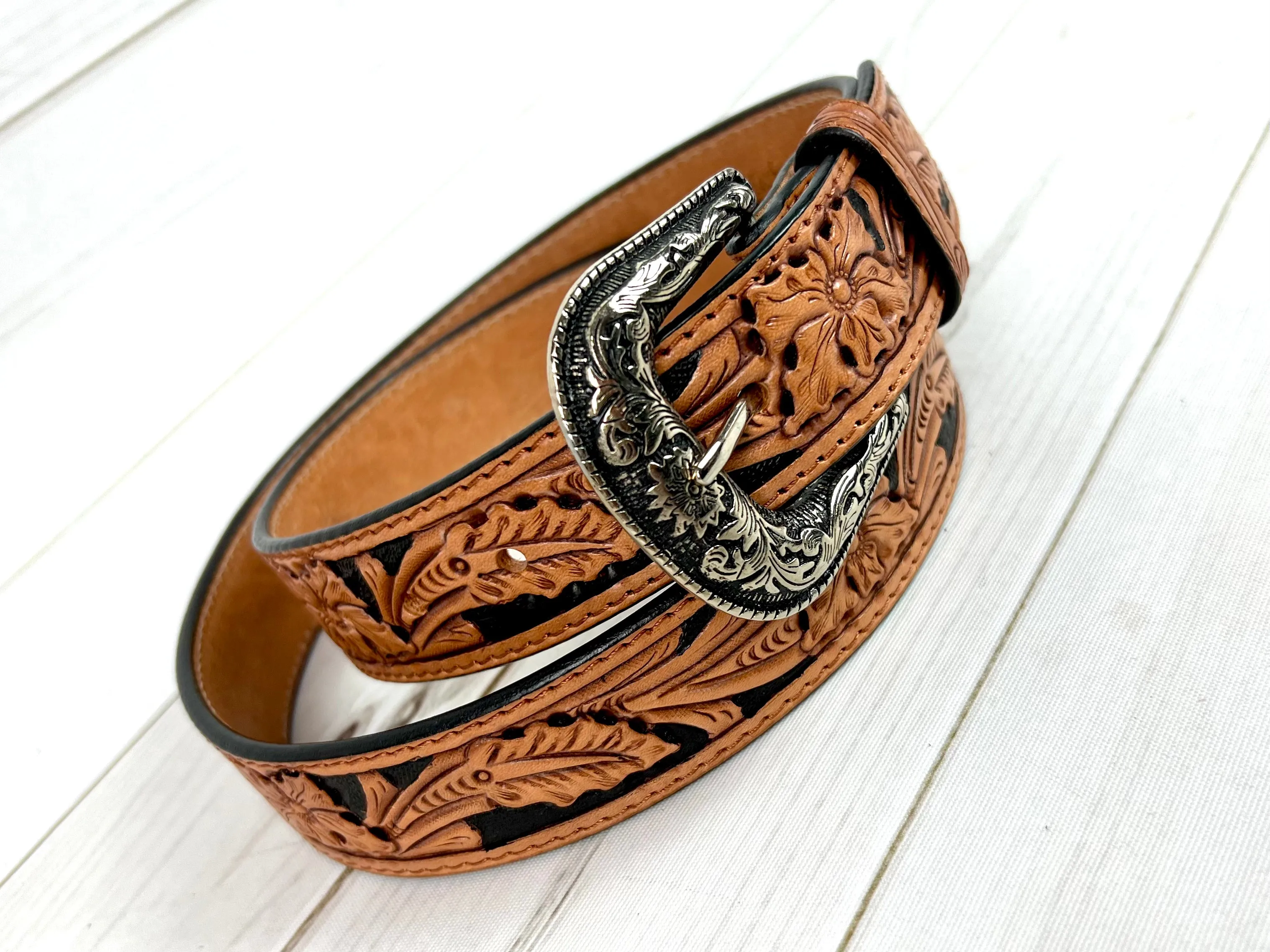 Tan and Black Leather Floral Tooled Western Belt