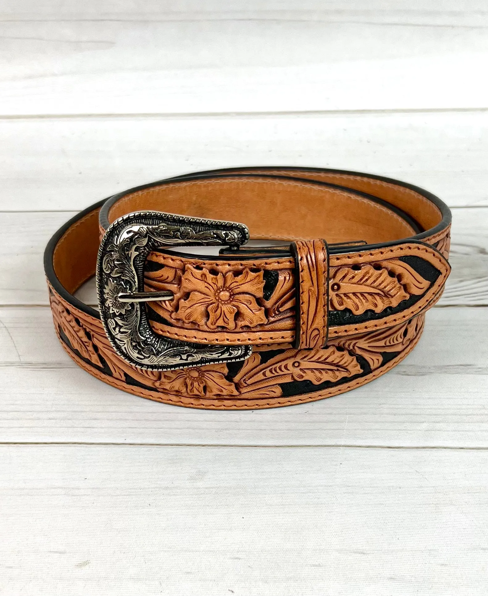 Tan and Black Leather Floral Tooled Western Belt