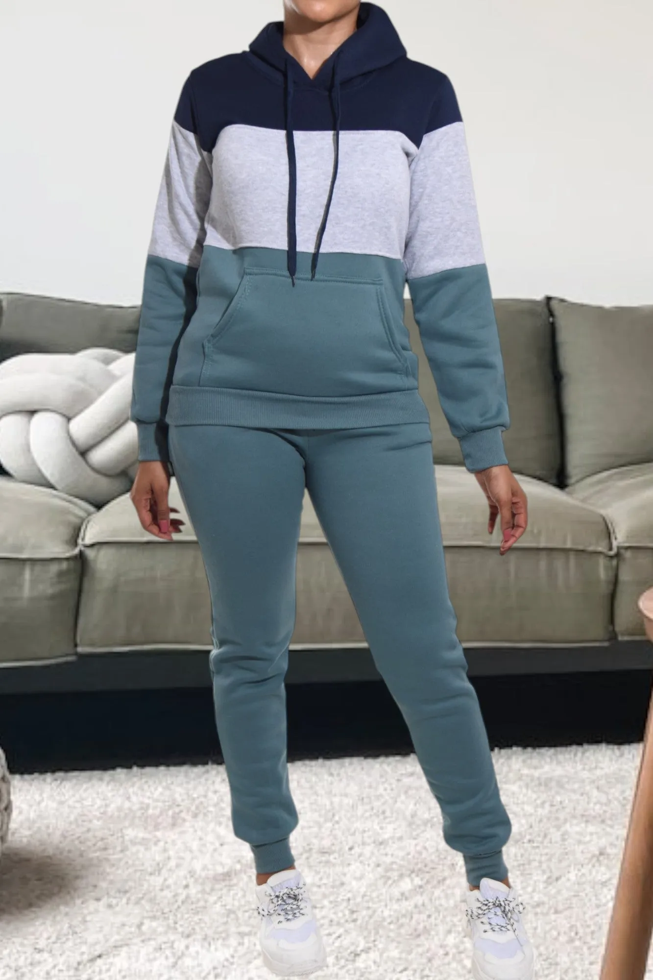 Teal Color Block Fleece Tracksuit Set