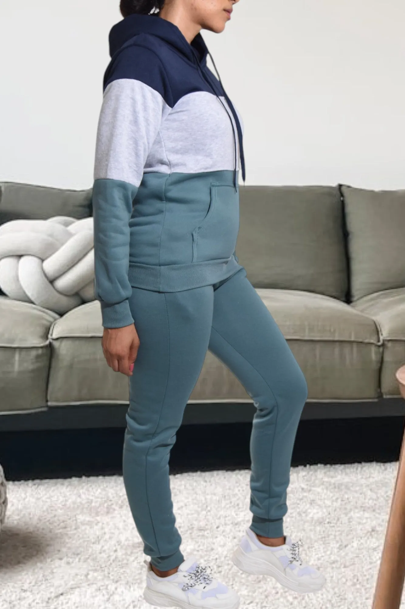 Teal Color Block Fleece Tracksuit Set