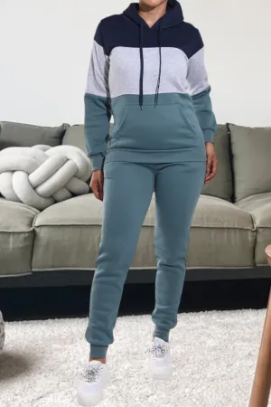 Teal Color Block Fleece Tracksuit Set