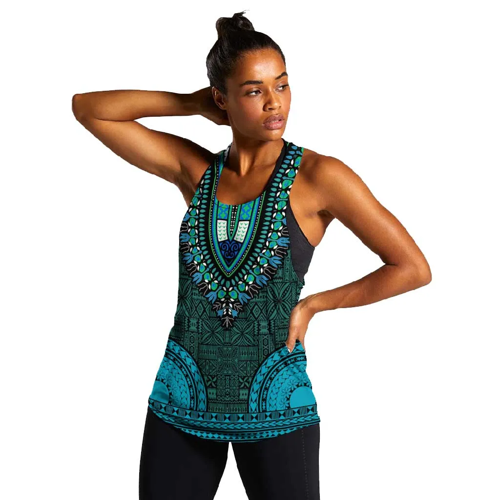 Teal Dashiki and Tapa Pattern Women Racerback Tank Africa-Polynesia Together Culture LT9