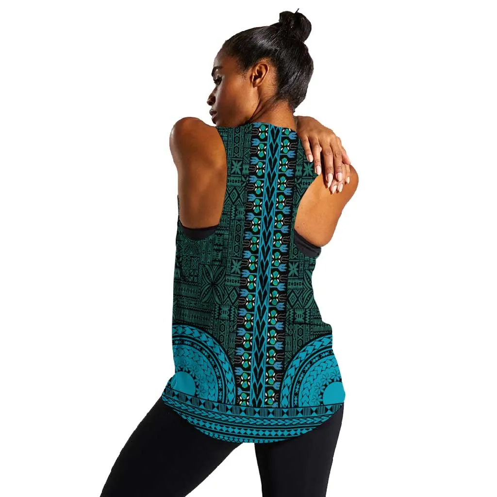 Teal Dashiki and Tapa Pattern Women Racerback Tank Africa-Polynesia Together Culture LT9