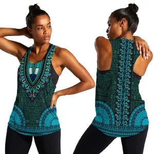 Teal Dashiki and Tapa Pattern Women Racerback Tank Africa-Polynesia Together Culture LT9