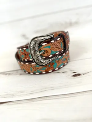 Teal Floral Tooled Leather Woman’s Belt