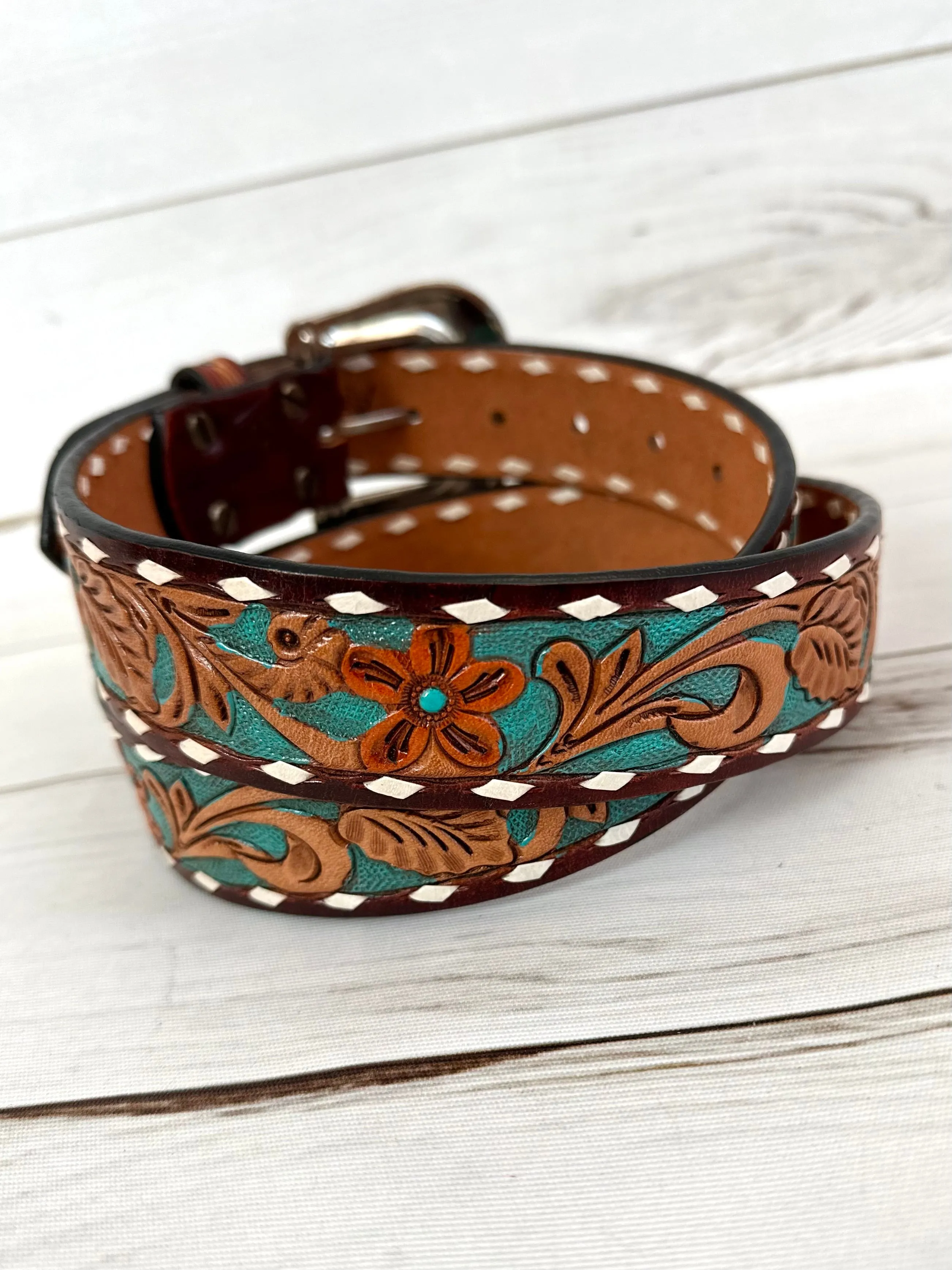 Teal Floral Tooled Leather Woman’s Belt
