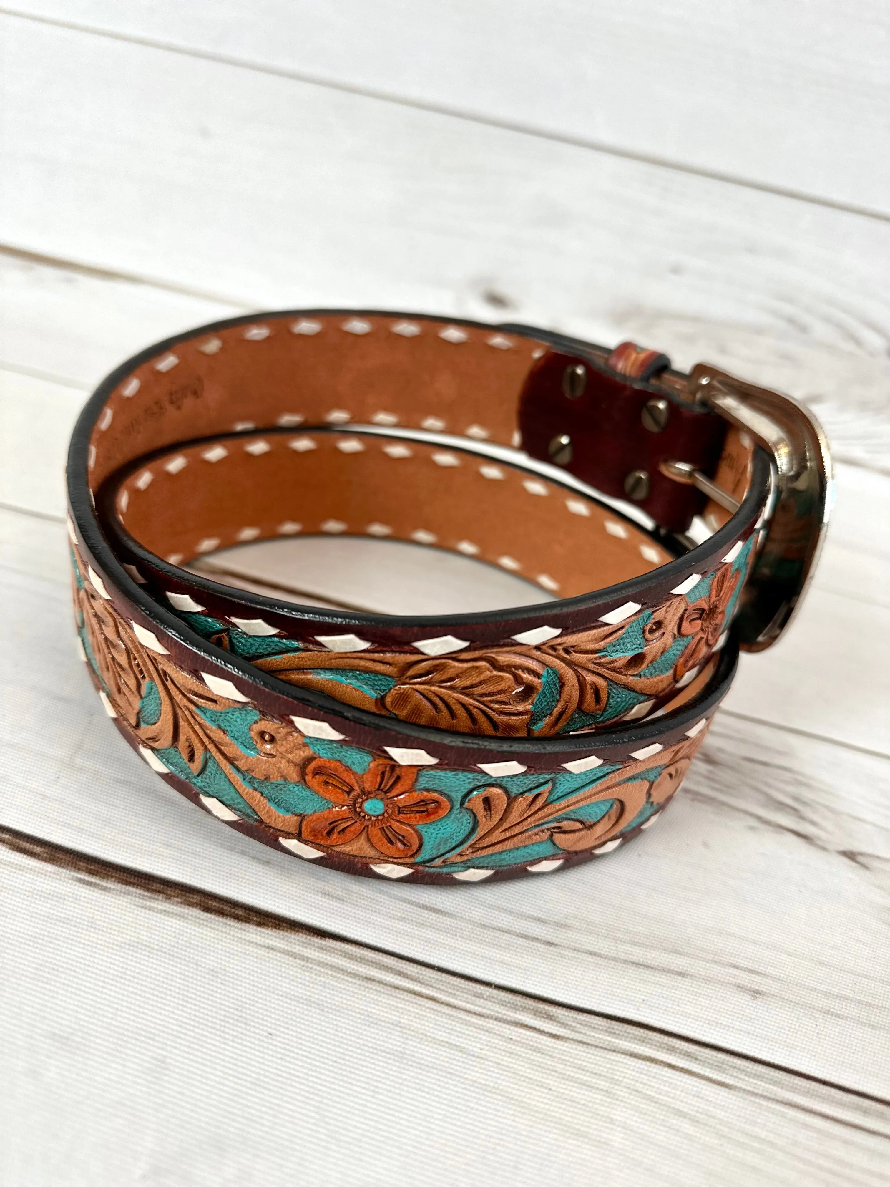 Teal Floral Tooled Leather Woman’s Belt