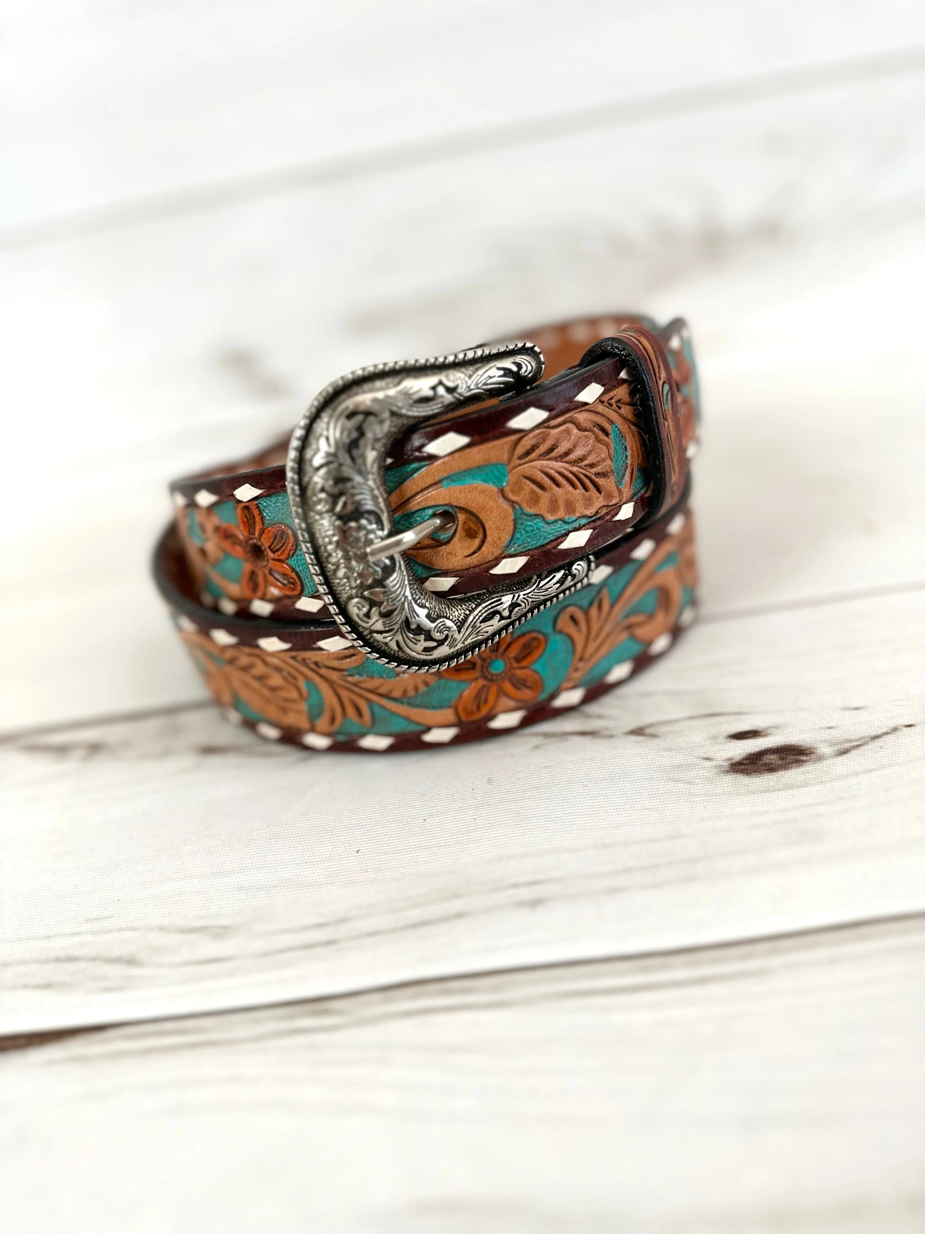 Teal Floral Tooled Leather Woman’s Belt