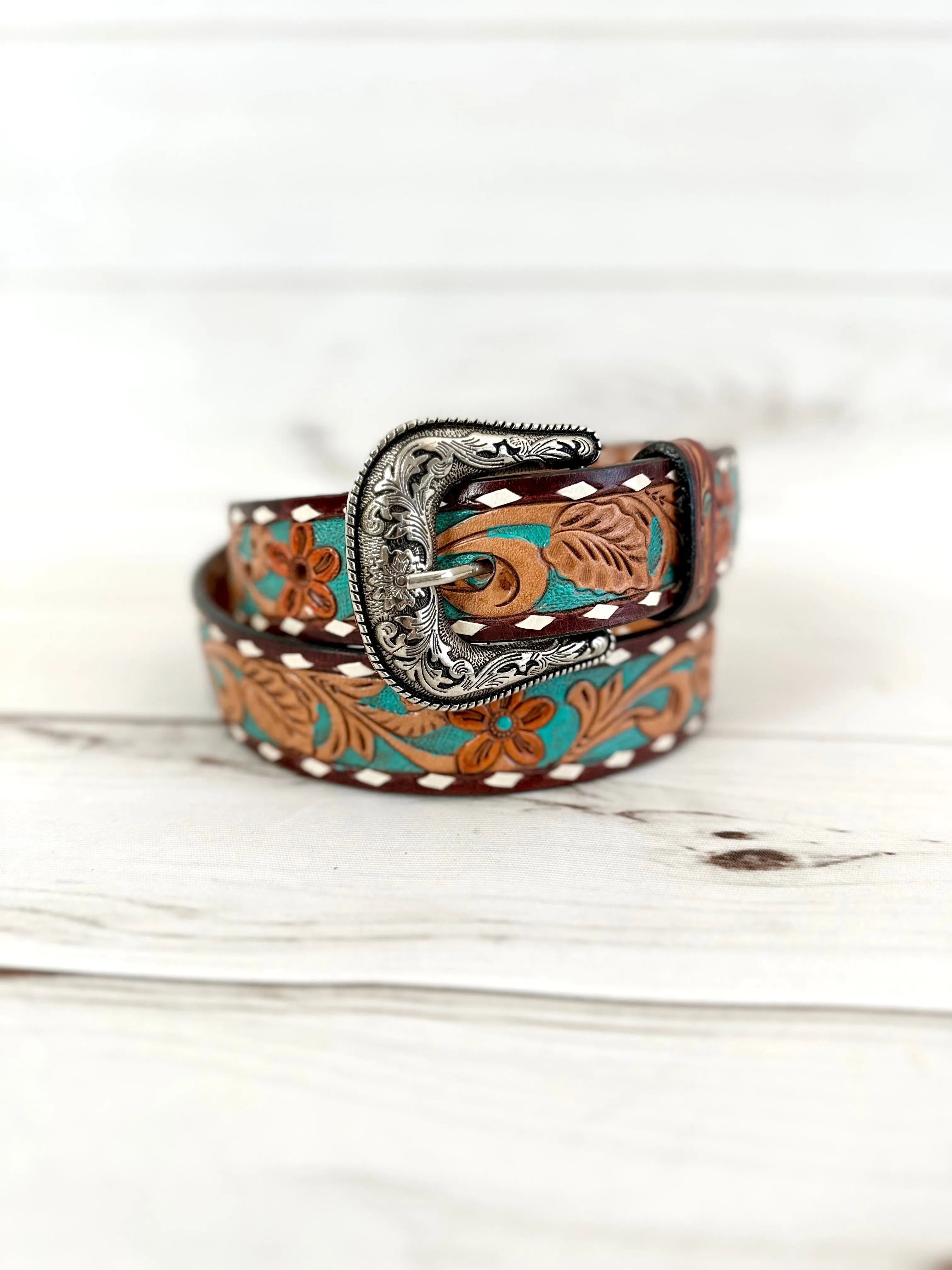 Teal Floral Tooled Leather Woman’s Belt