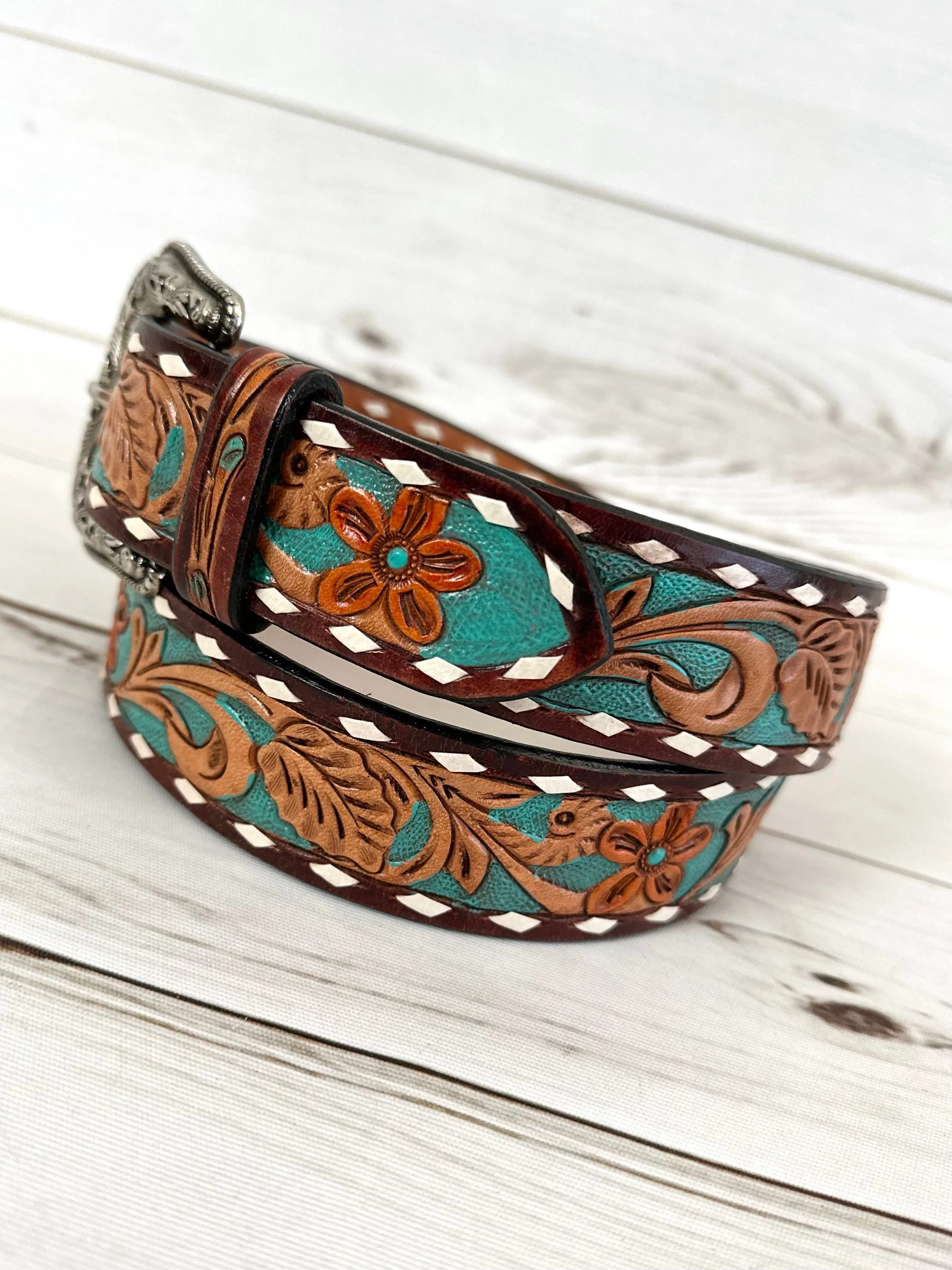 Teal Floral Tooled Leather Woman’s Belt
