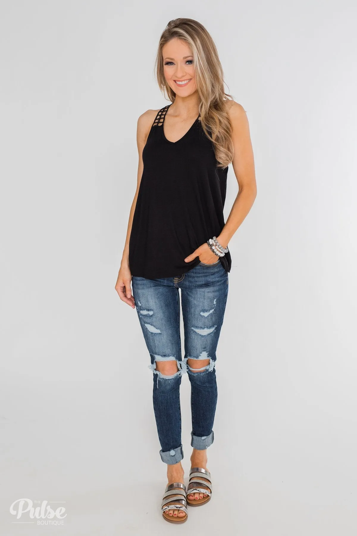 Tell Me Again Crochet Knit Tank Top- Black