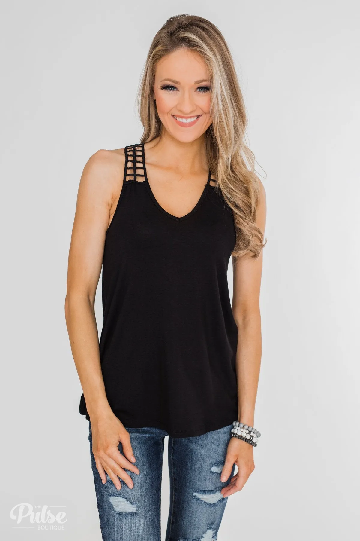 Tell Me Again Crochet Knit Tank Top- Black