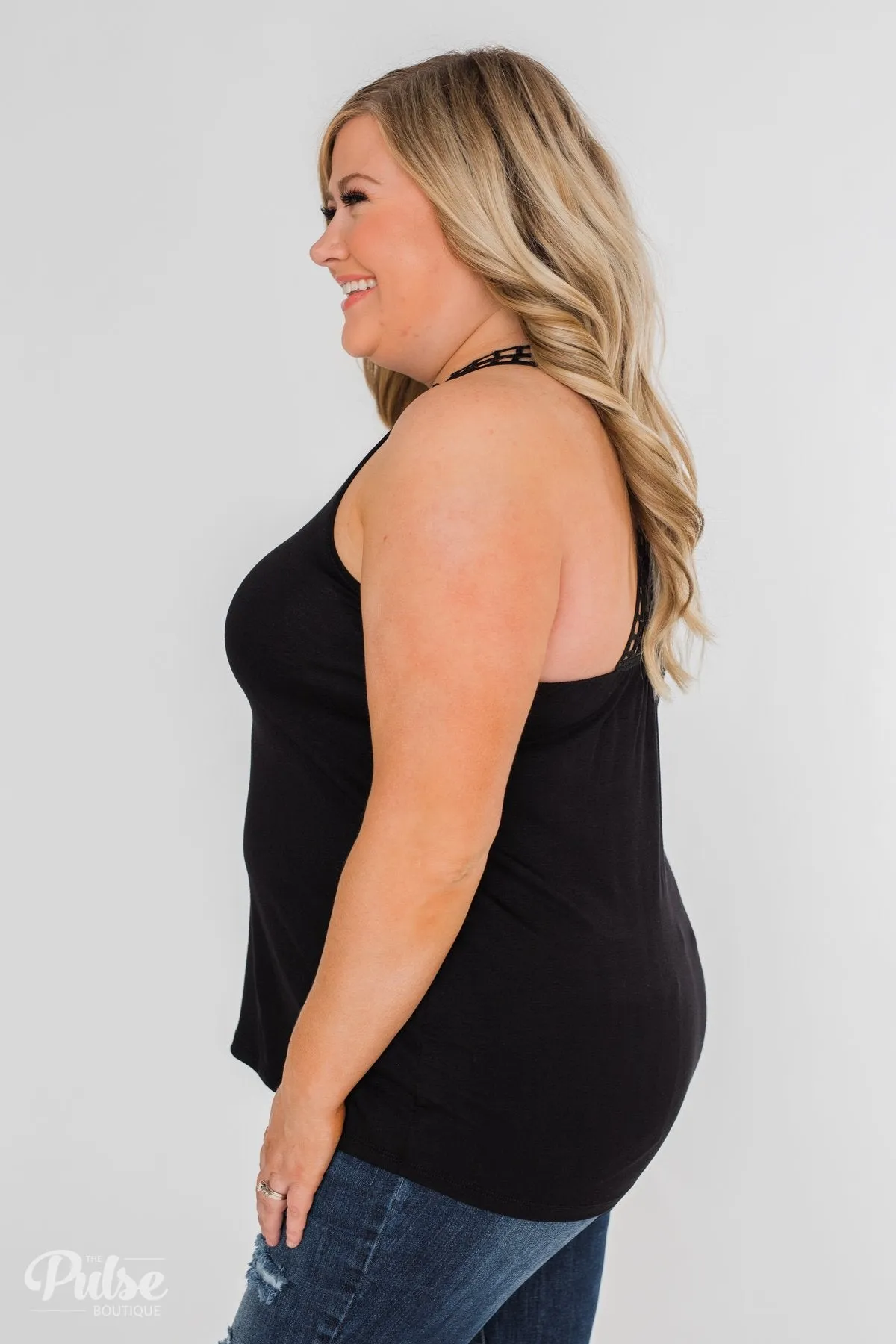 Tell Me Again Crochet Knit Tank Top- Black
