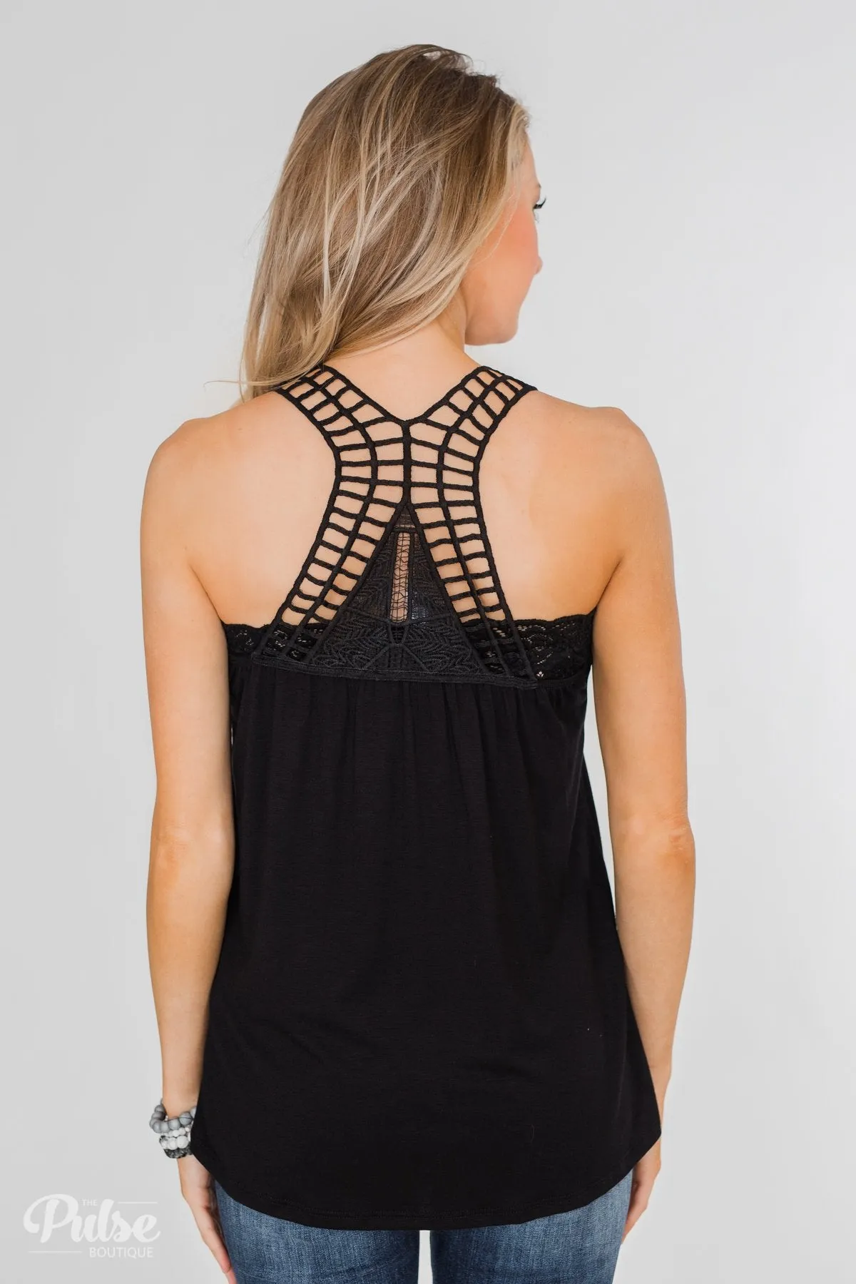 Tell Me Again Crochet Knit Tank Top- Black
