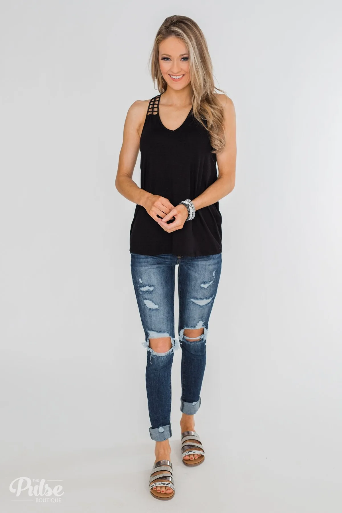Tell Me Again Crochet Knit Tank Top- Black