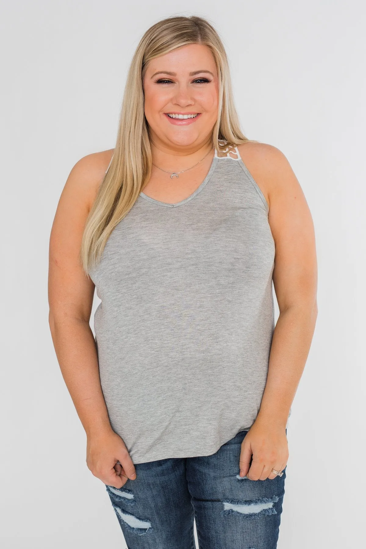 Tell Me Again Crochet Knit Tank Top- Heather Grey