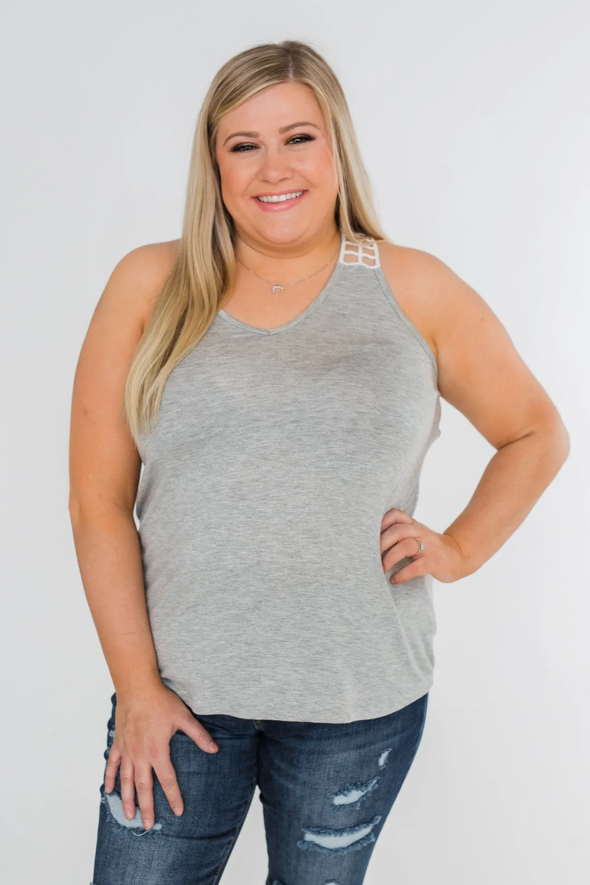 Tell Me Again Crochet Knit Tank Top- Heather Grey
