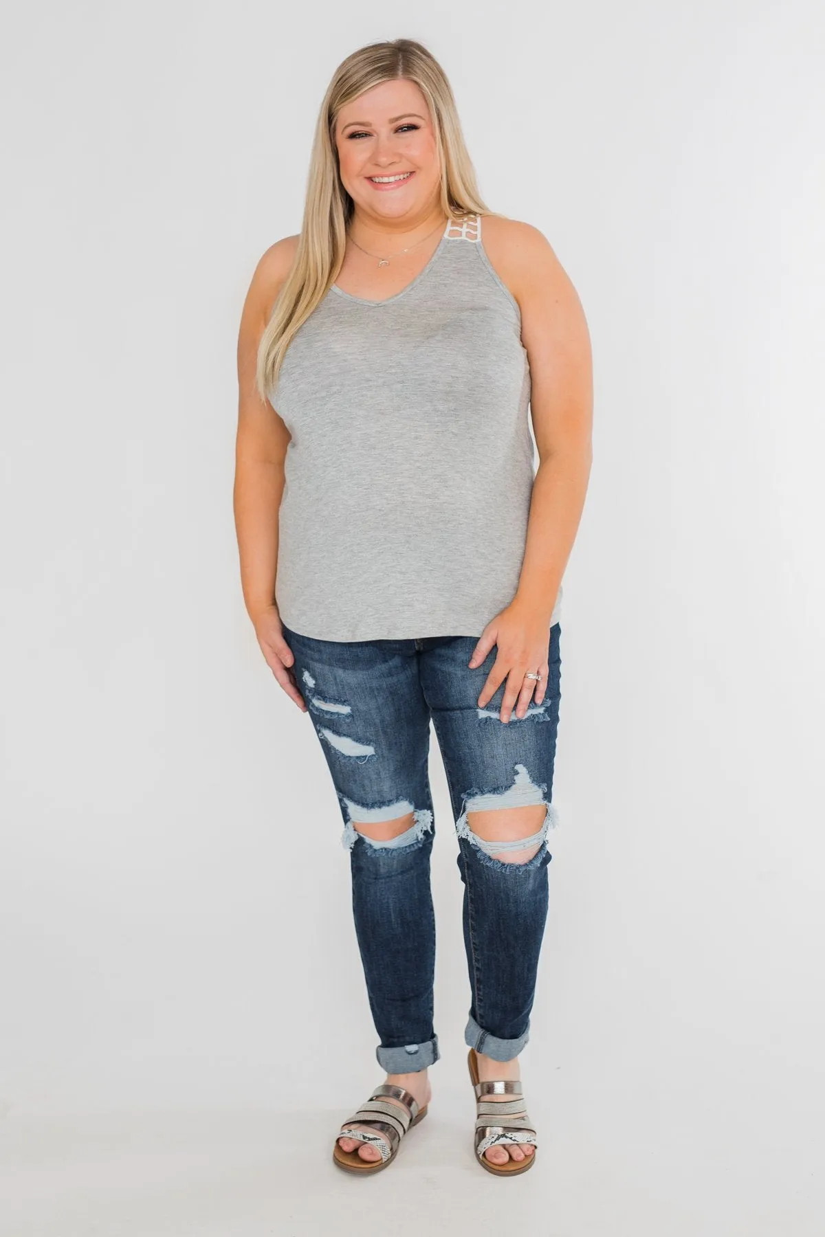 Tell Me Again Crochet Knit Tank Top- Heather Grey