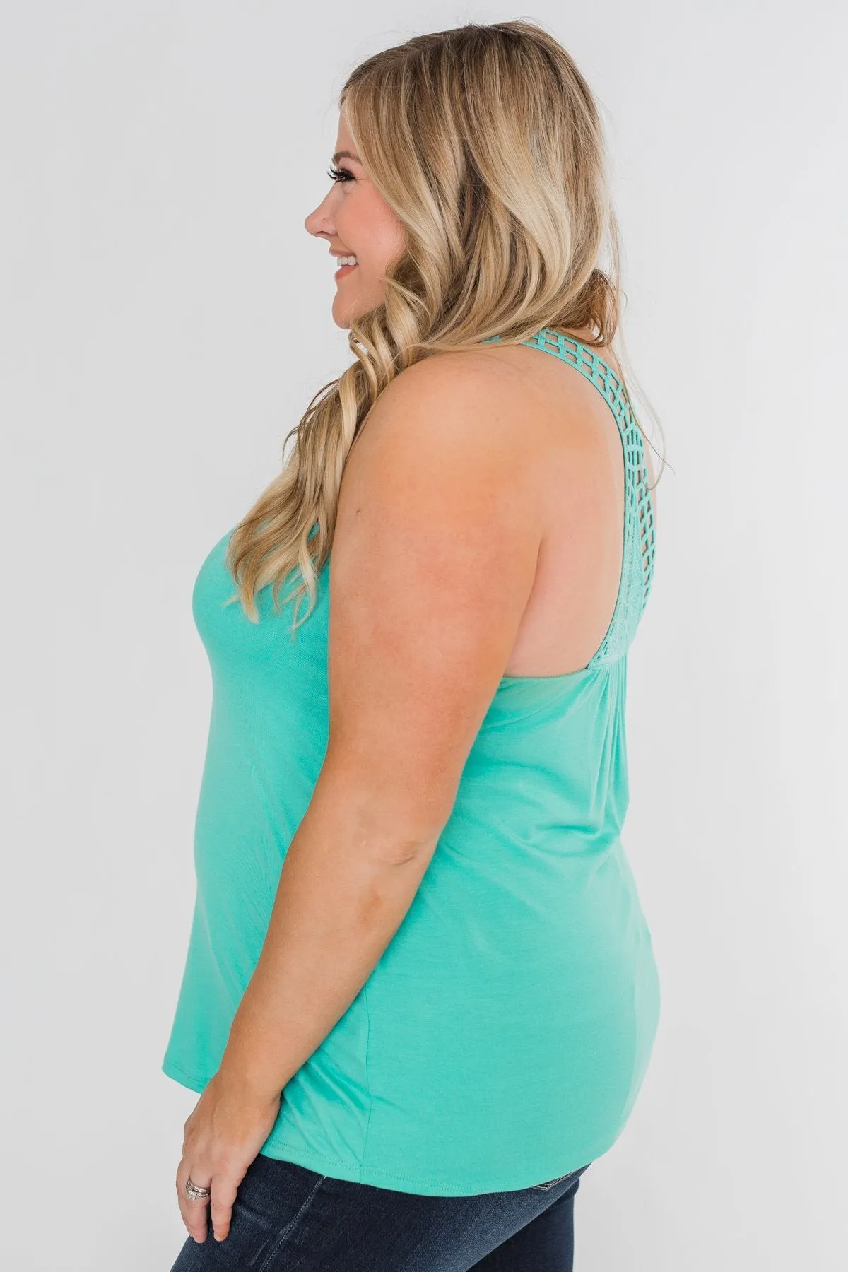 Tell Me Again Crochet Knit Tank Top- Teal