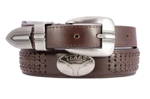 Texas Longhorns Men's Braided Leather Belt. UT Longhorns Gift. Texas Belt. Brown Braided Full Grain Finish With Metal Emblem Conchos.