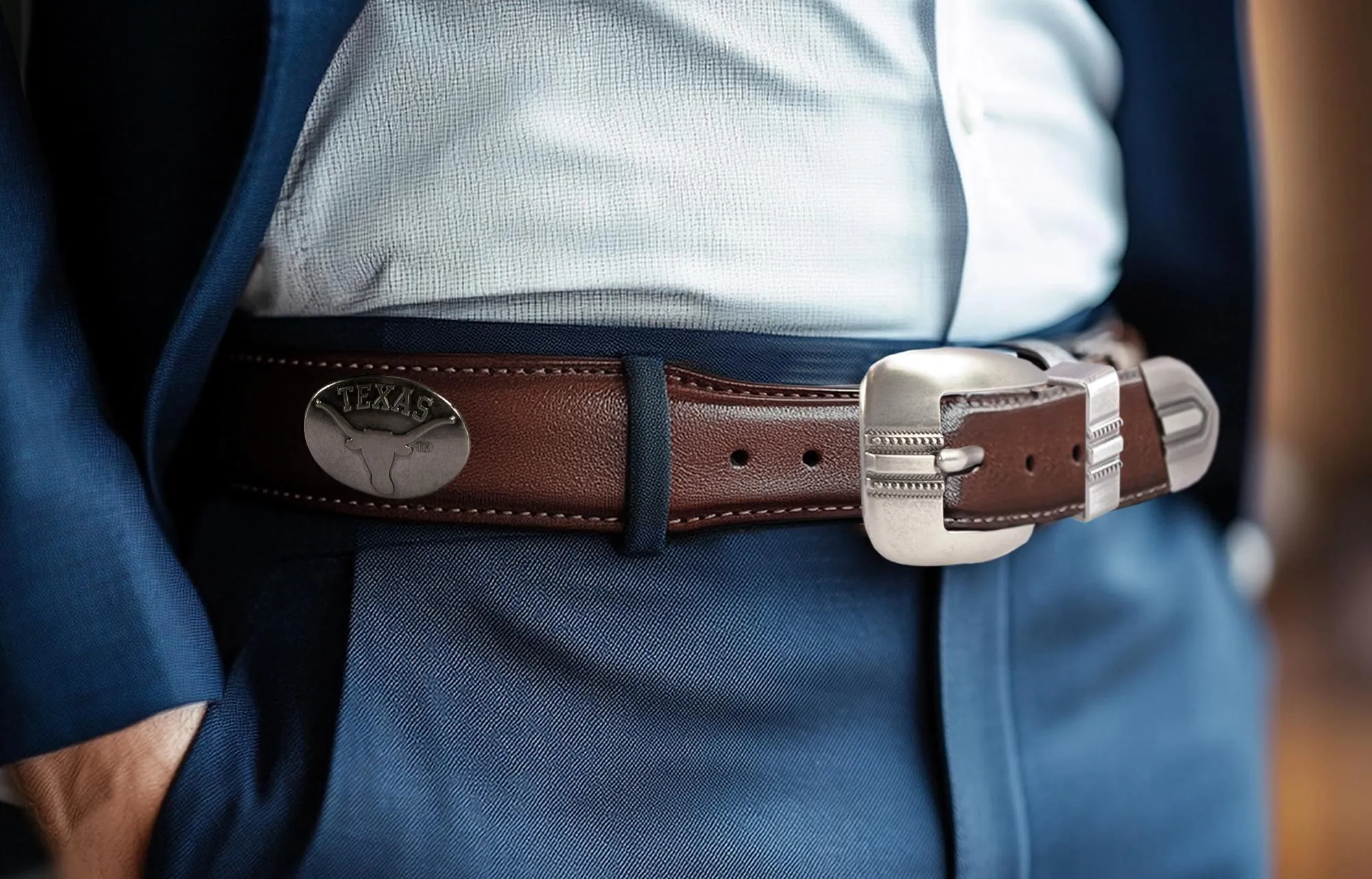 Texas Longhorns Men's Braided Leather Belt. UT Longhorns Gift. Texas Belt. Brown Braided Full Grain Finish With Metal Emblem Conchos.