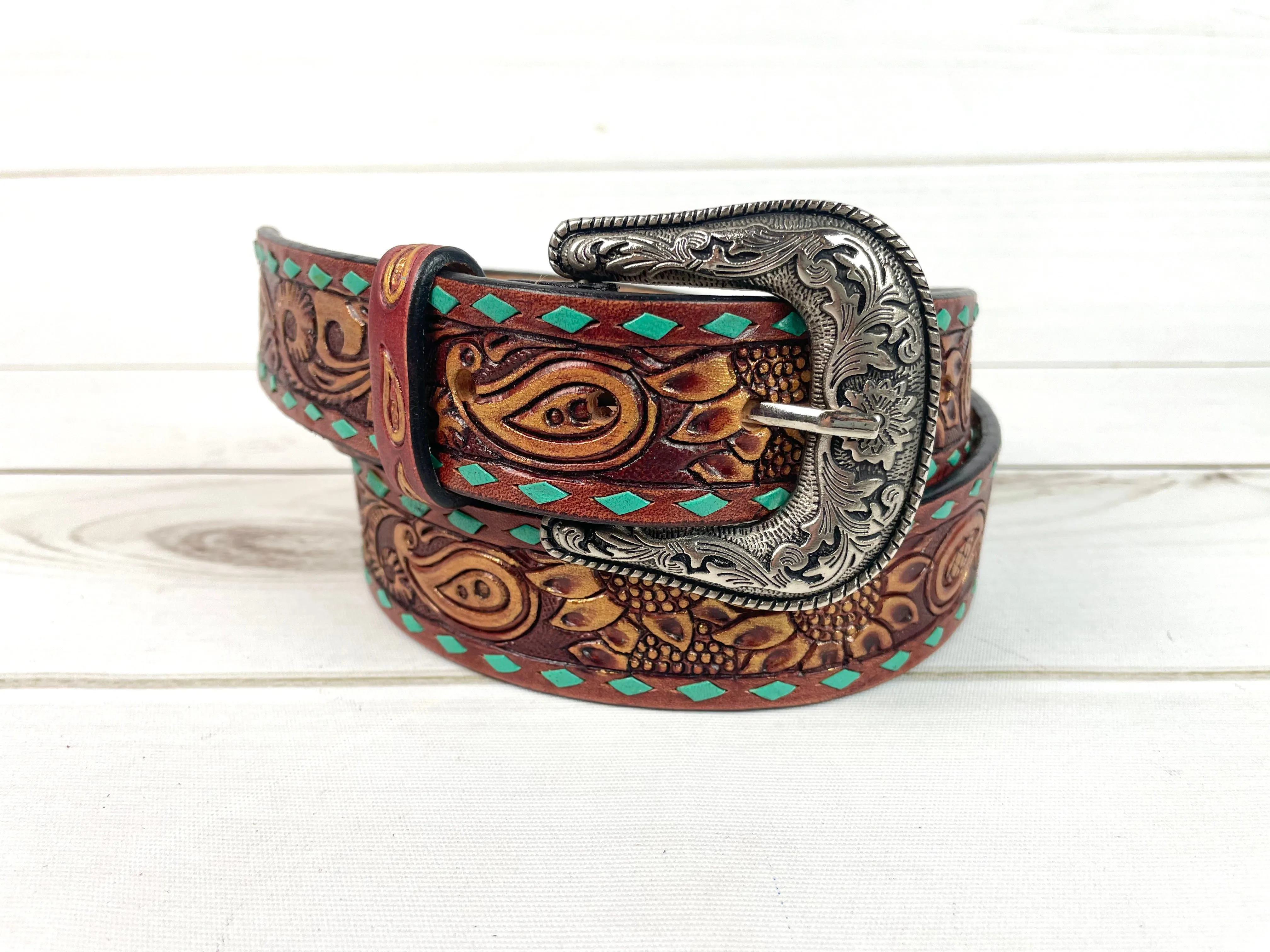 Tooled Paisley Gold Brushed Leather Woman’s Belt