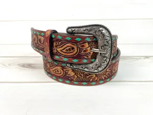 Tooled Paisley Gold Brushed Leather Woman’s Belt