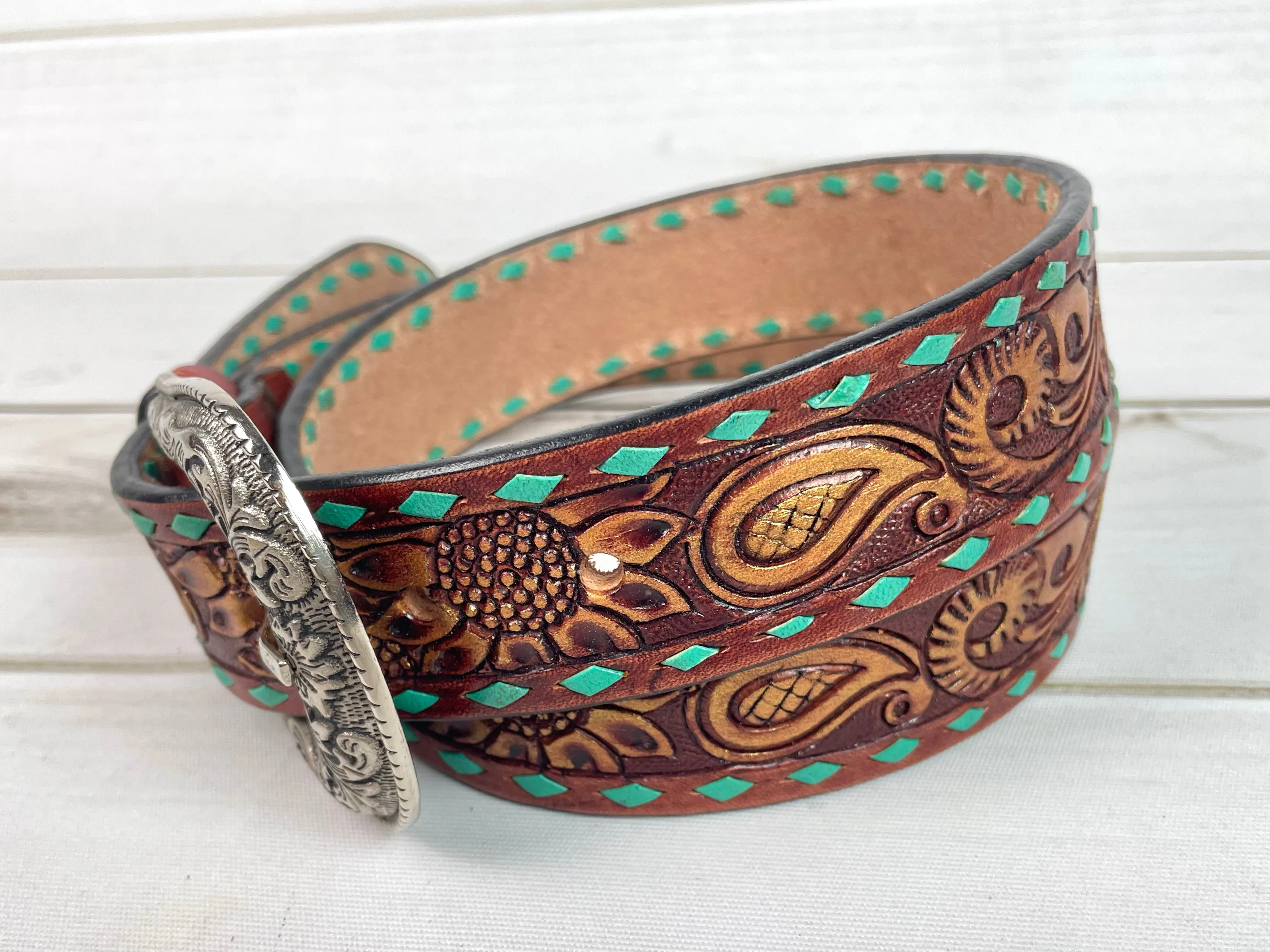 Tooled Paisley Gold Brushed Leather Woman’s Belt
