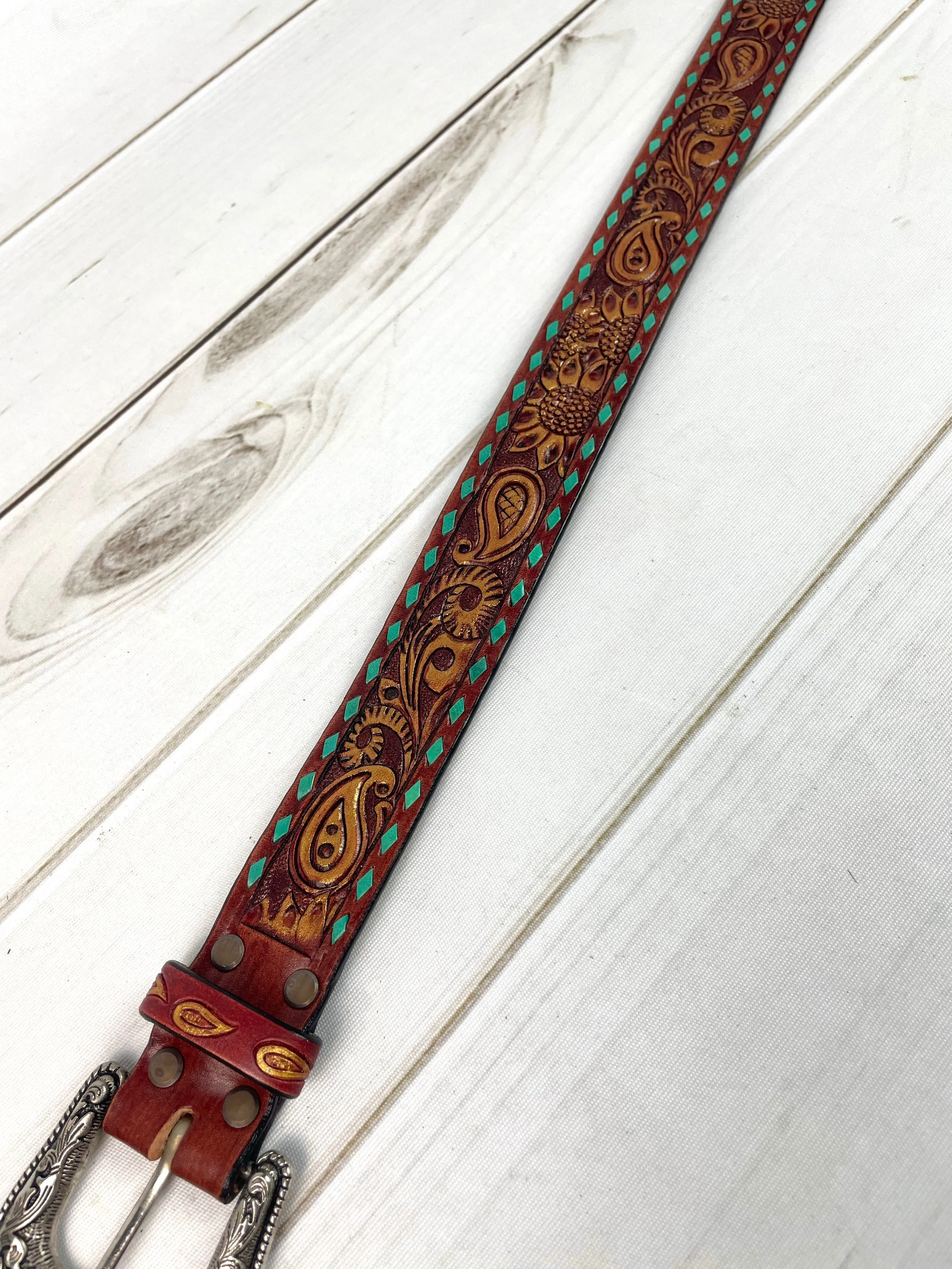 Tooled Paisley Gold Brushed Leather Woman’s Belt