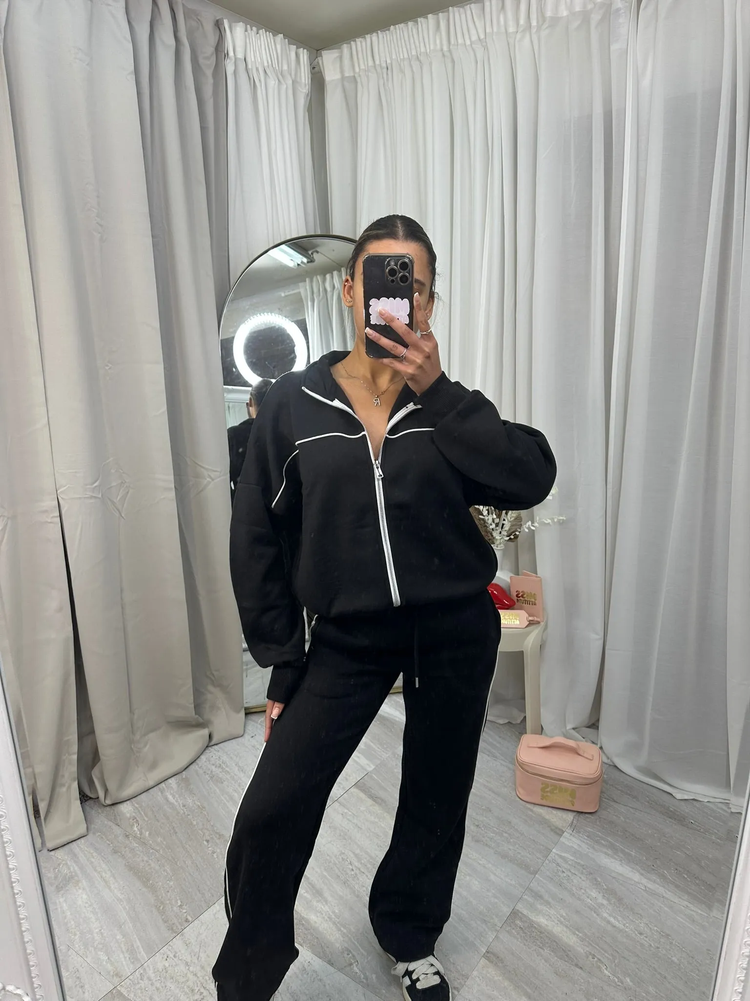 Tracksuit with wide leg bottoms and pin stripe