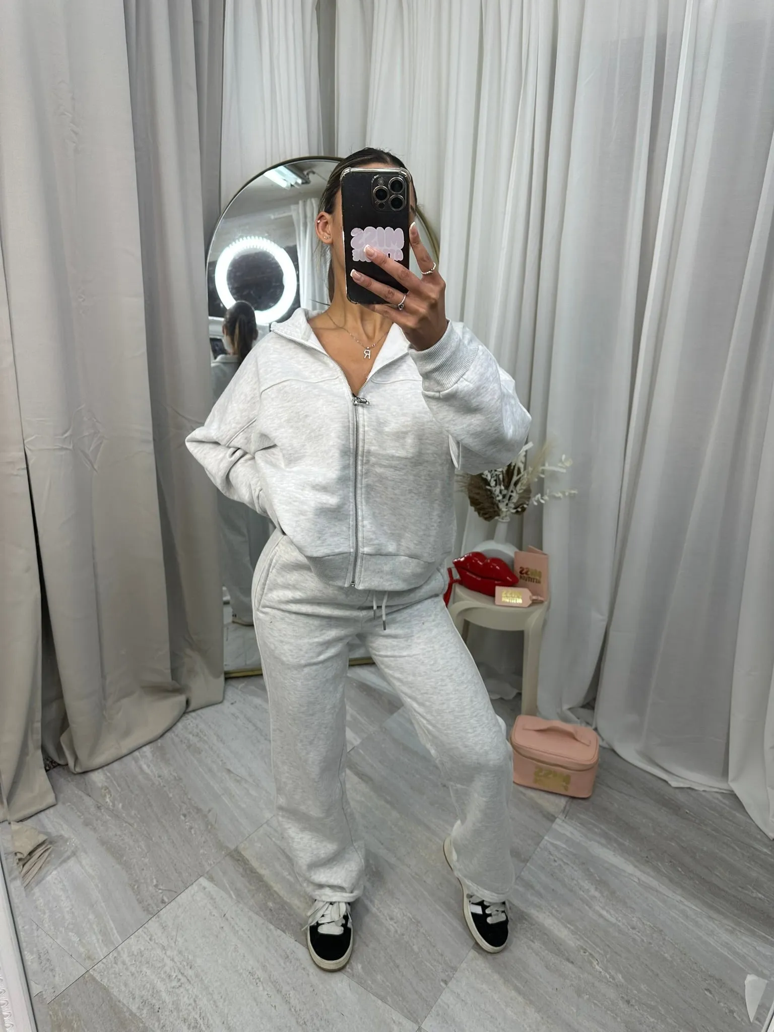 Tracksuit with wide leg bottoms and pin stripe