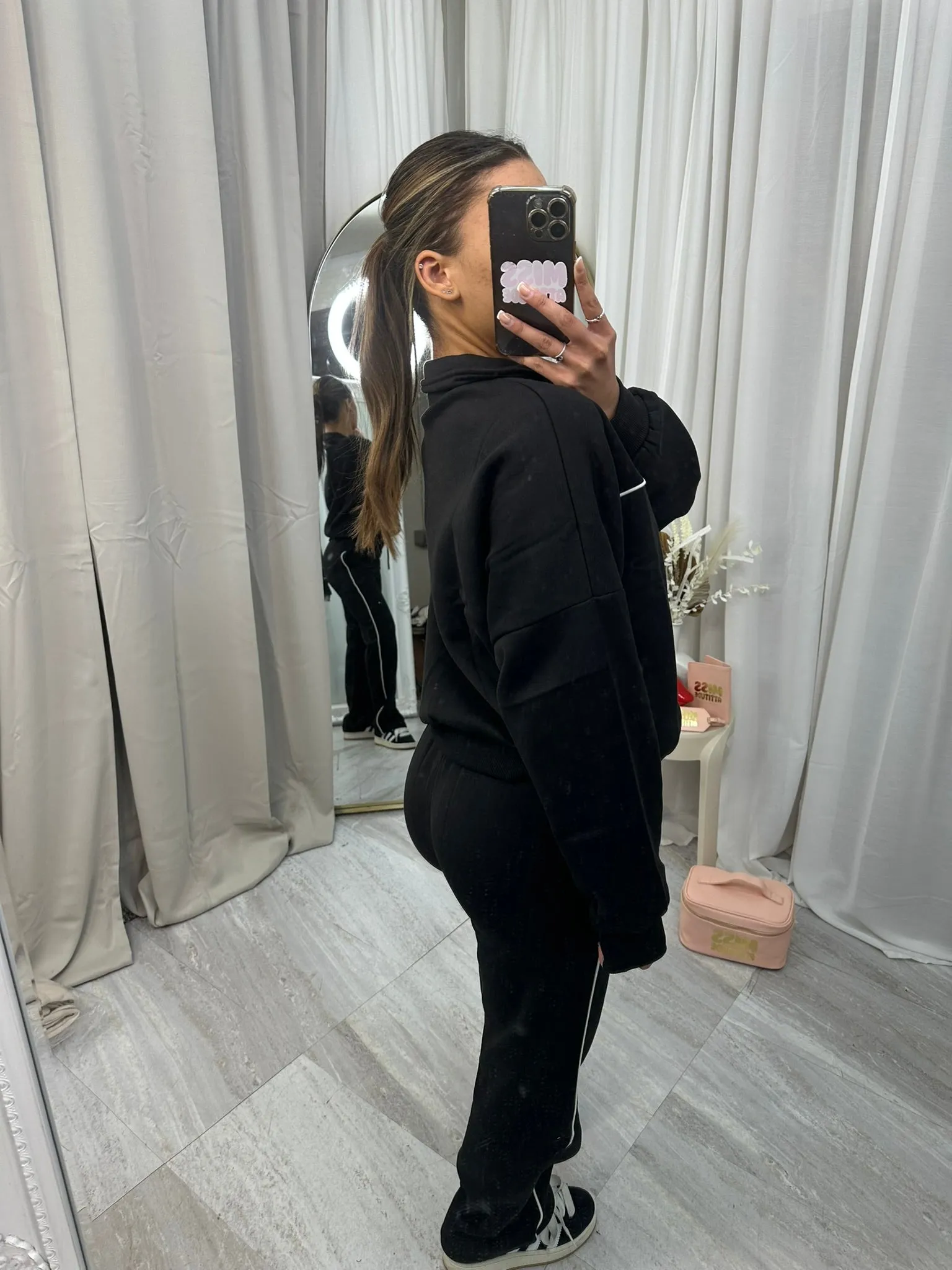 Tracksuit with wide leg bottoms and pin stripe