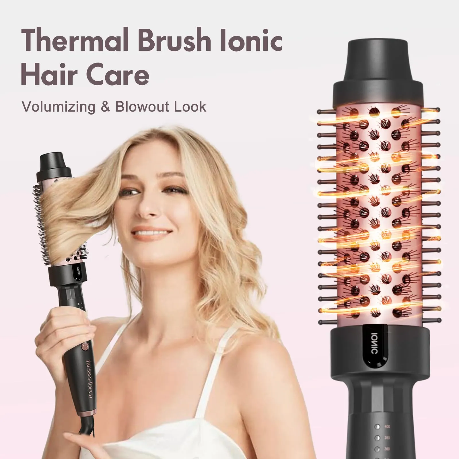 Tresses Touch Thermal Brush 1.25 Inch with 5 Temp Settings, Universal Voltage Hot Hair Curling Iron, Ceramic Tourmaline Ionic Thermal Round Curling Brush Suitable for Medium and Long Hair, Rose Gold