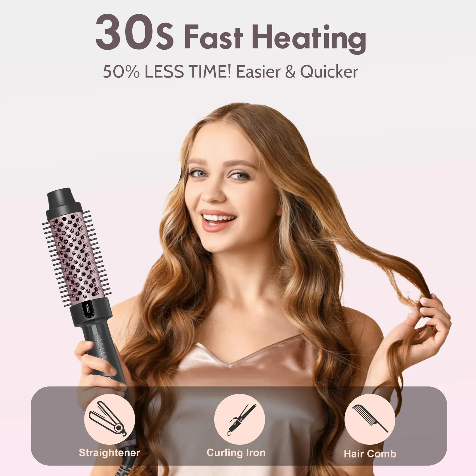 Tresses Touch Thermal Brush 1.25 Inch with 5 Temp Settings, Universal Voltage Hot Hair Curling Iron, Ceramic Tourmaline Ionic Thermal Round Curling Brush Suitable for Medium and Long Hair, Rose Gold