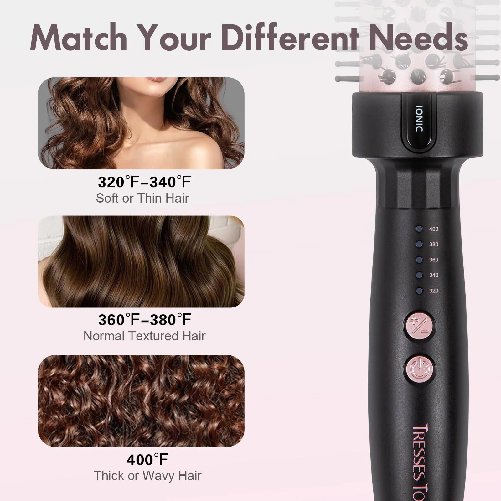 Tresses Touch Thermal Brush 1.25 Inch with 5 Temp Settings, Universal Voltage Hot Hair Curling Iron, Ceramic Tourmaline Ionic Thermal Round Curling Brush Suitable for Medium and Long Hair, Rose Gold