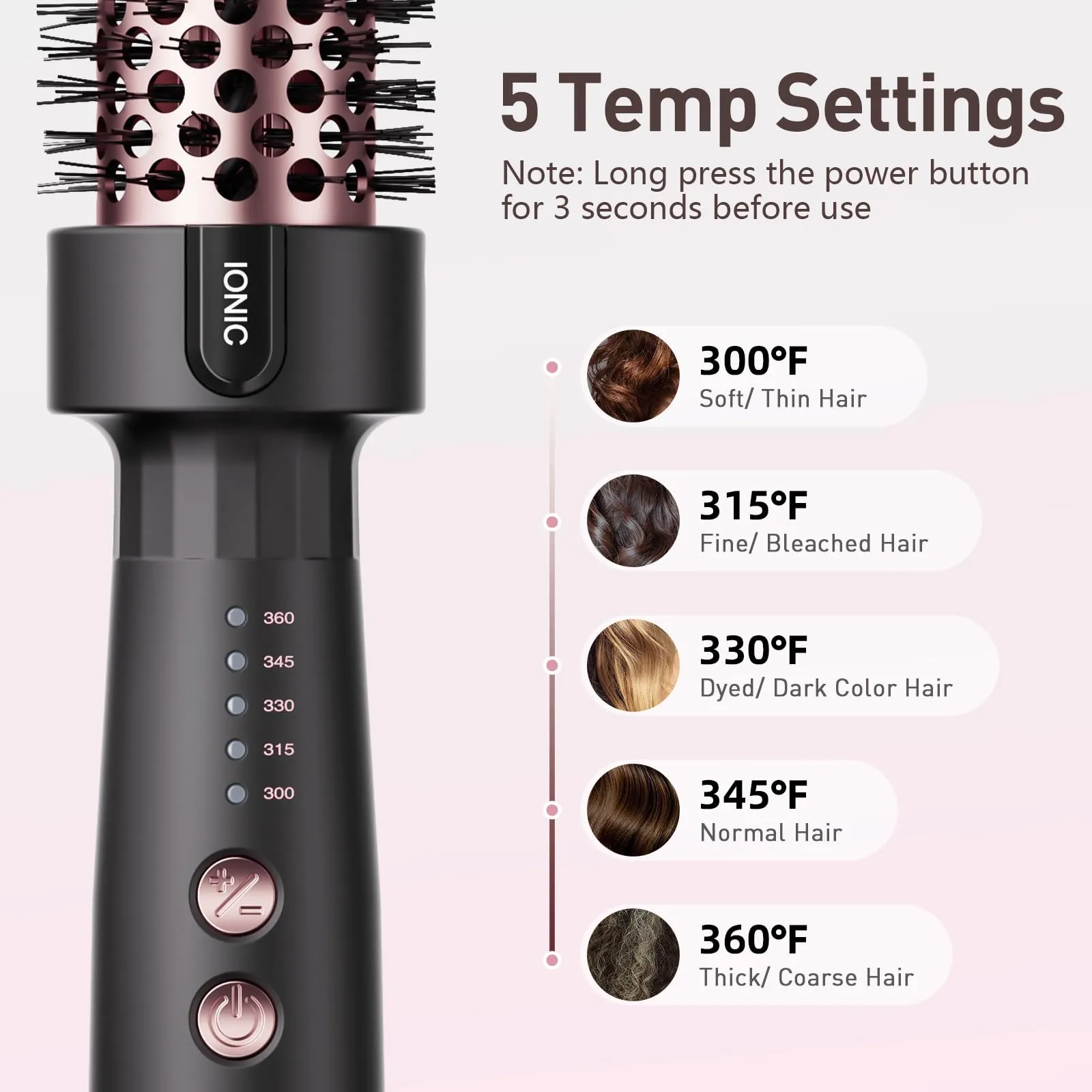 Tresses Touch Thermal Brush 1.25 Inch with 5 Temp Settings, Universal Voltage Hot Hair Curling Iron, Ceramic Tourmaline Ionic Thermal Round Curling Brush Suitable for Medium and Long Hair, Rose Gold