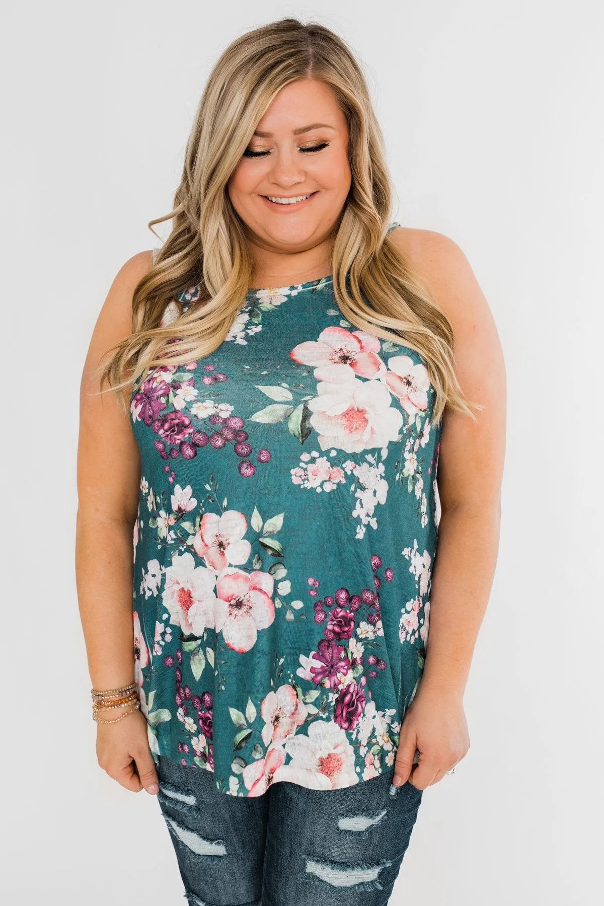 True Bliss Floral Tank Top- Dark Teal