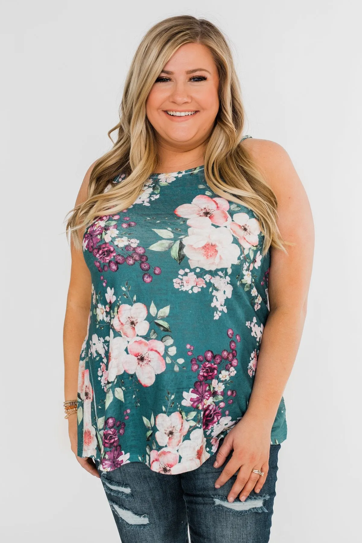 True Bliss Floral Tank Top- Dark Teal