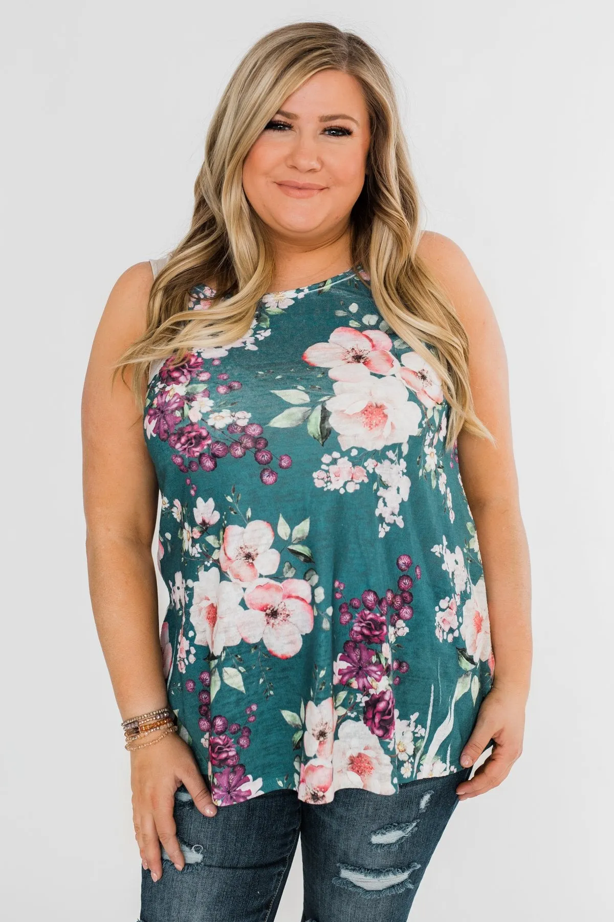 True Bliss Floral Tank Top- Dark Teal