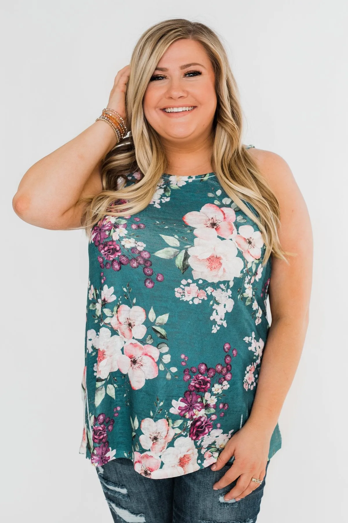True Bliss Floral Tank Top- Dark Teal