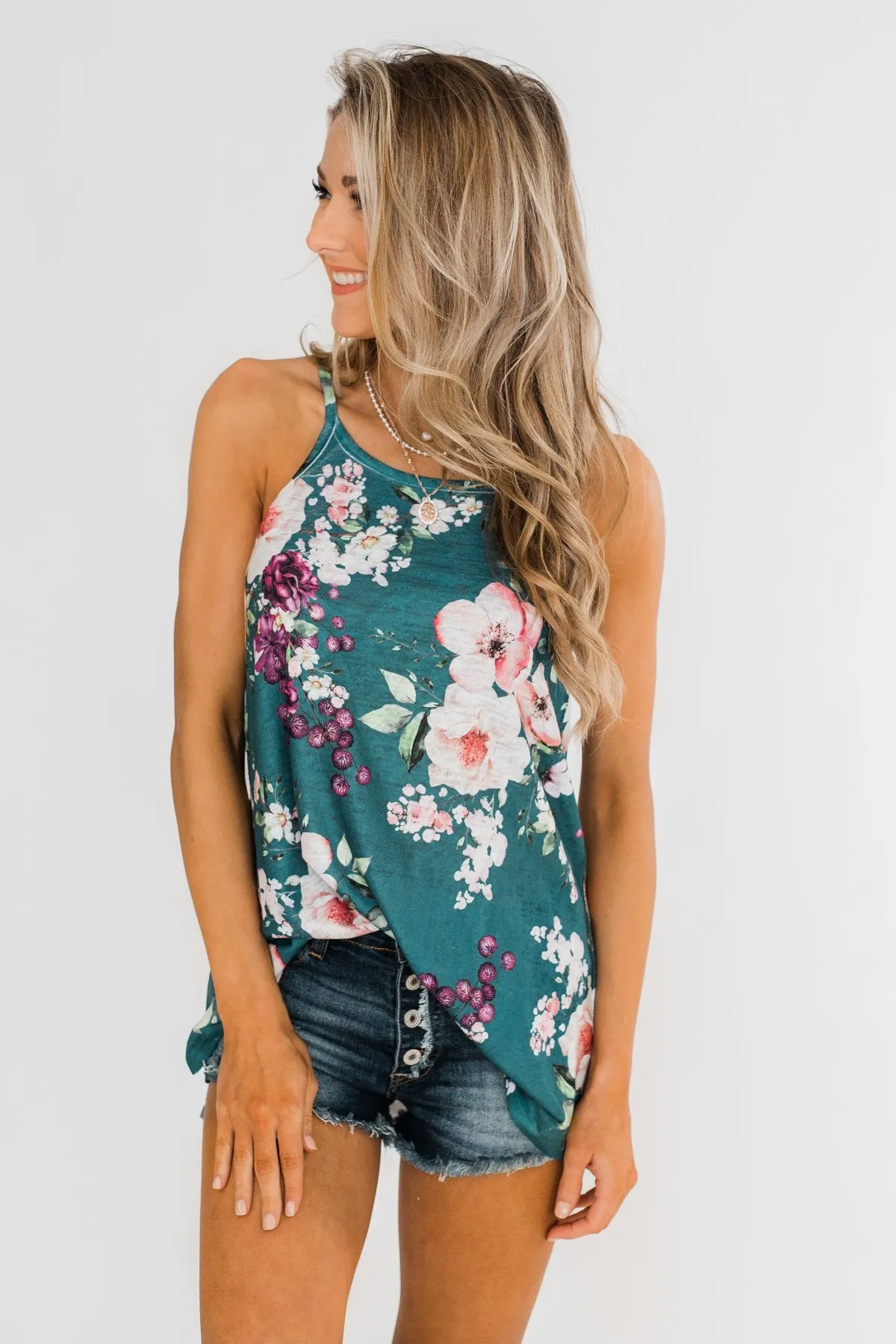 True Bliss Floral Tank Top- Dark Teal
