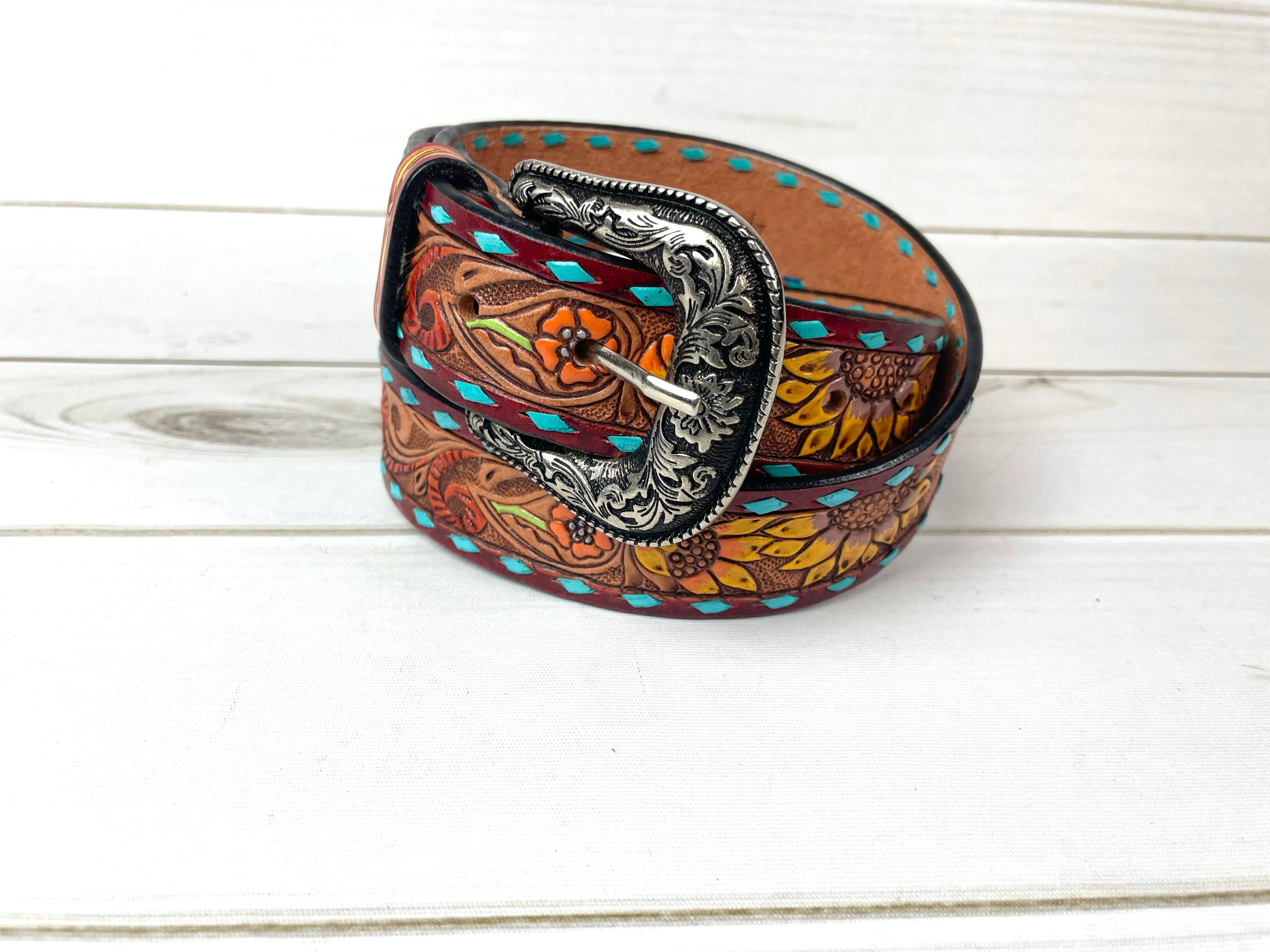 Turquoise Buckstitch Floral Tooled Leather Belt