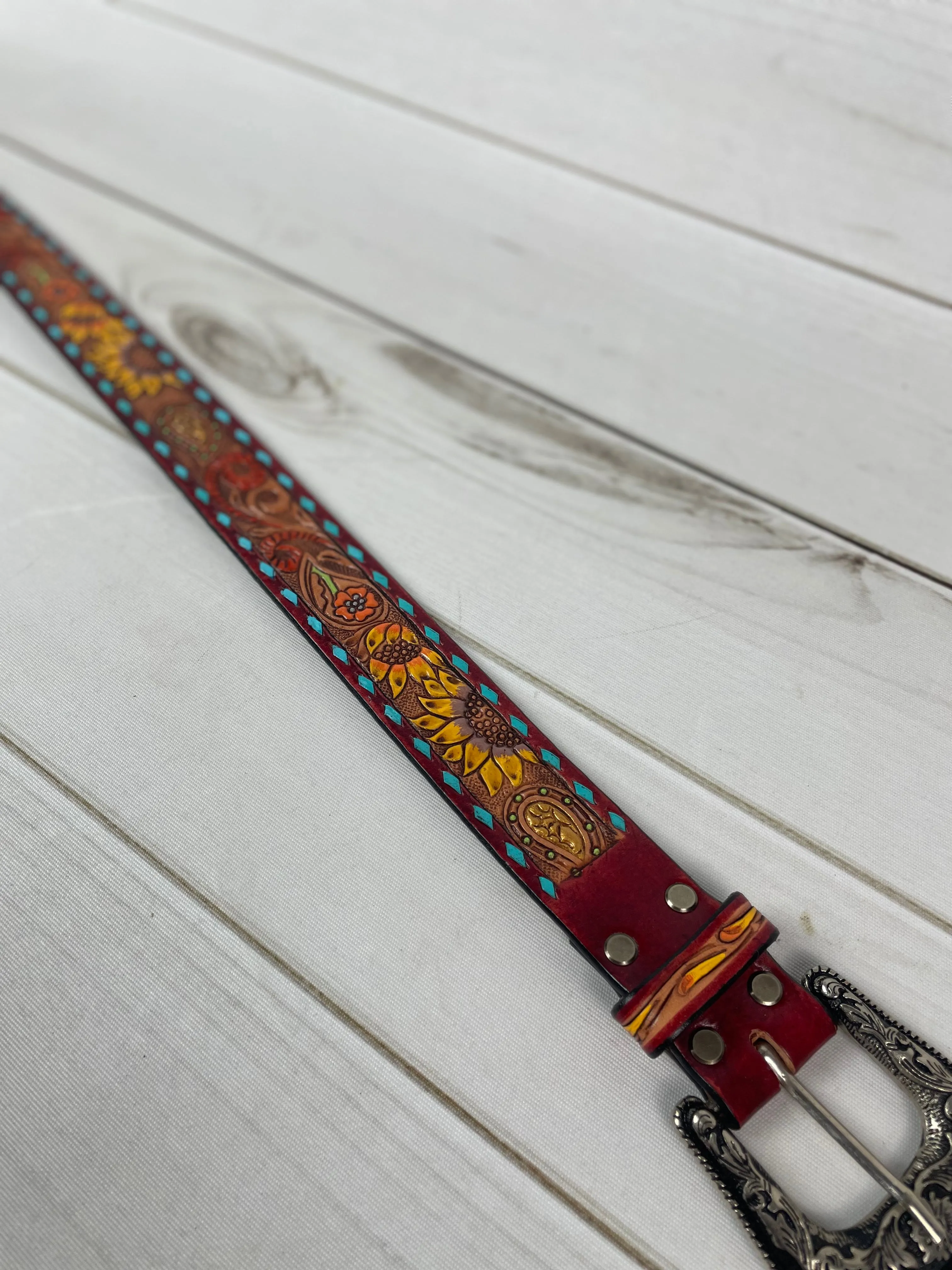 Turquoise Buckstitch Floral Tooled Leather Belt