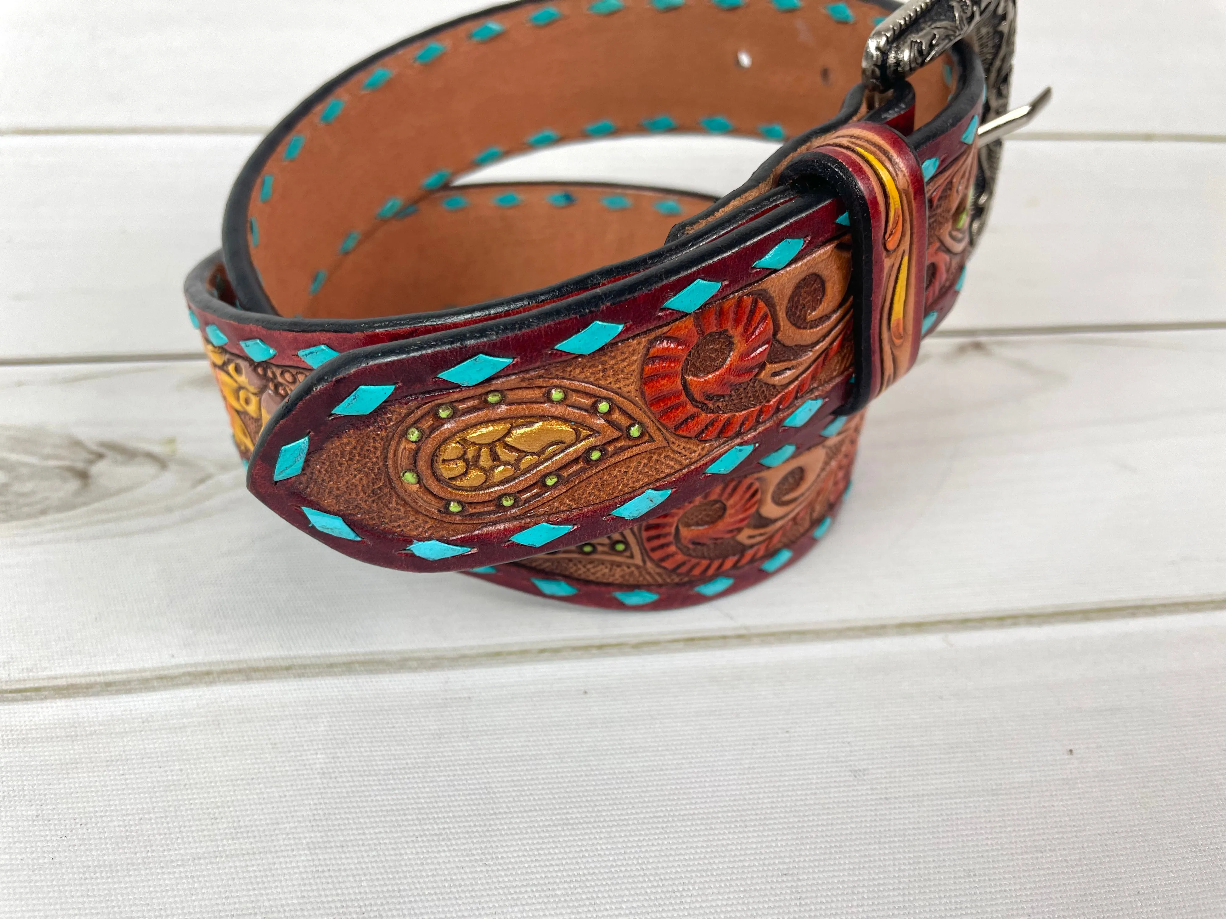 Turquoise Buckstitch Floral Tooled Leather Belt
