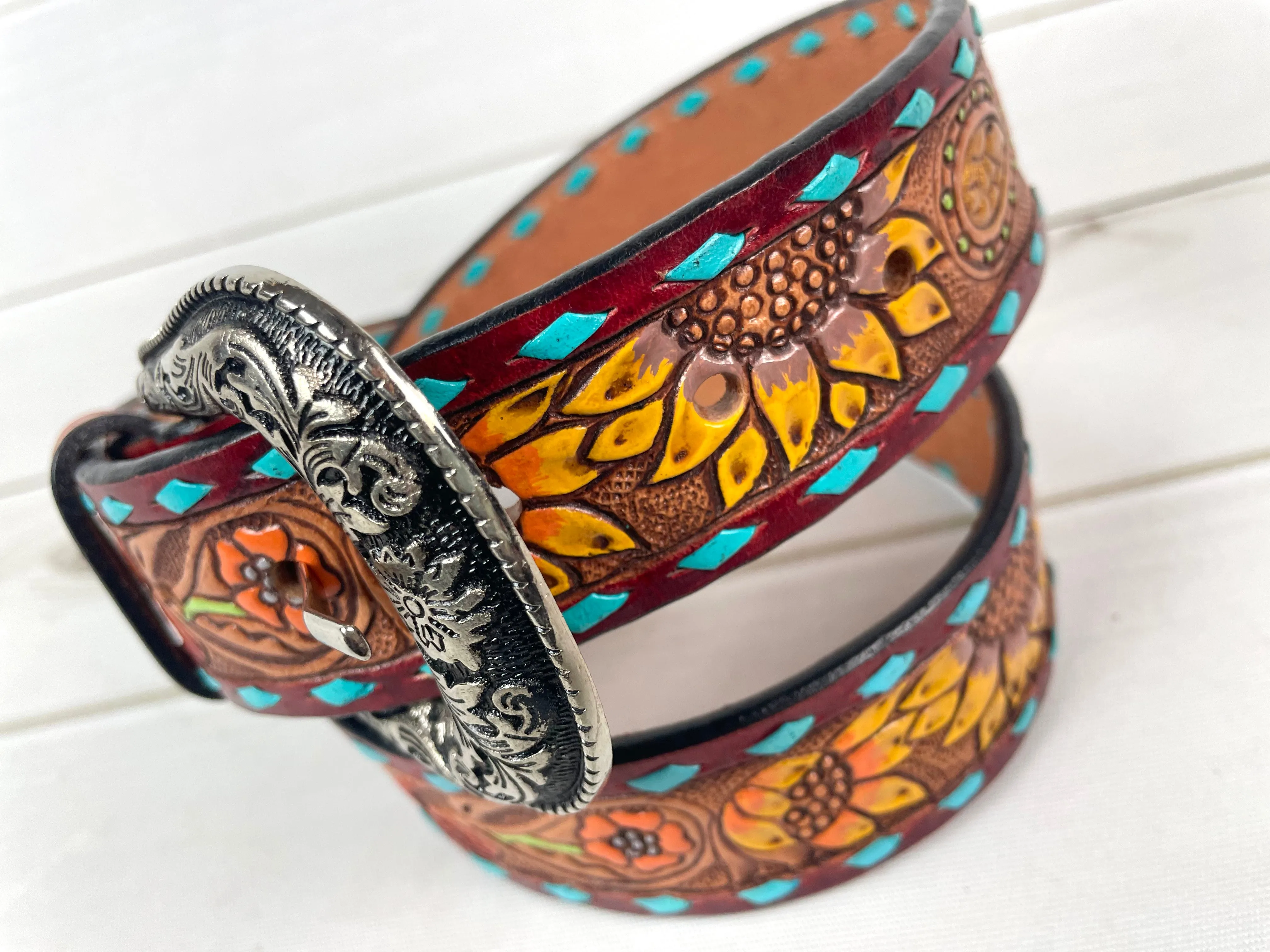 Turquoise Buckstitch Floral Tooled Leather Belt