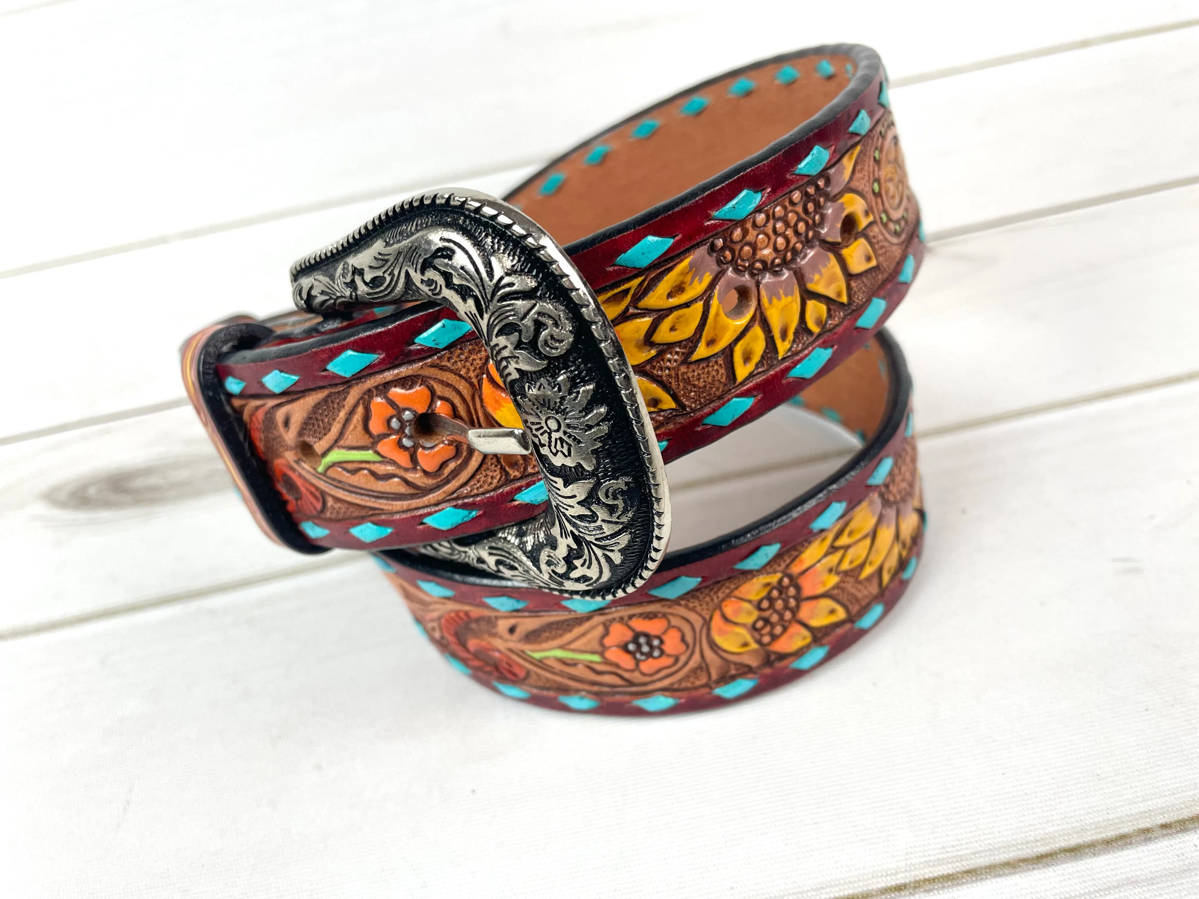 Turquoise Buckstitch Floral Tooled Leather Belt