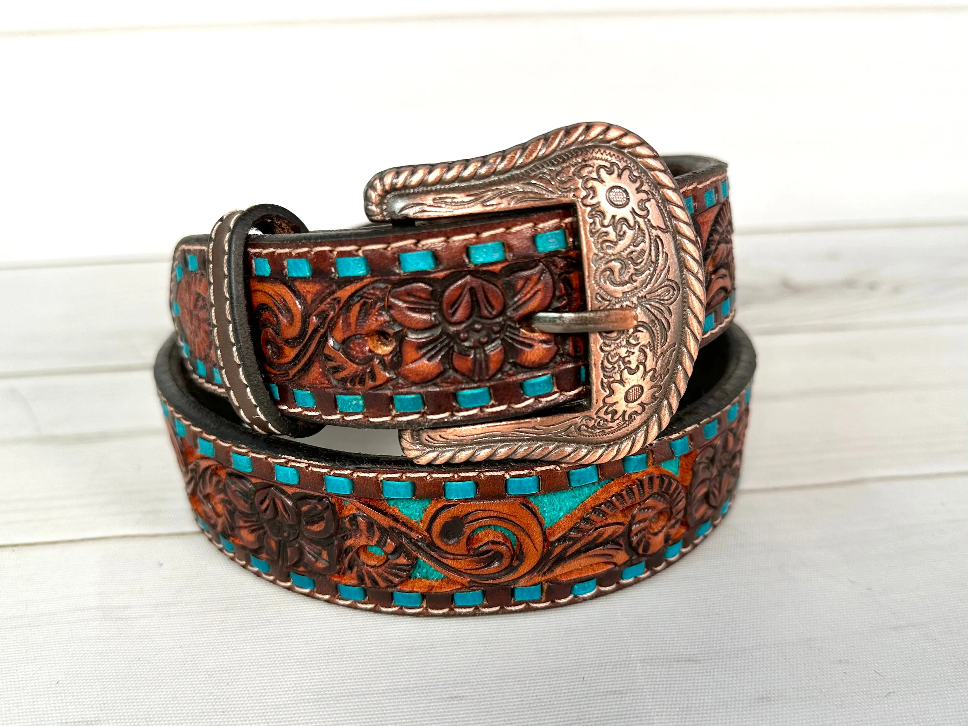 Turquoise Inset Dark Leather Tooled Belt